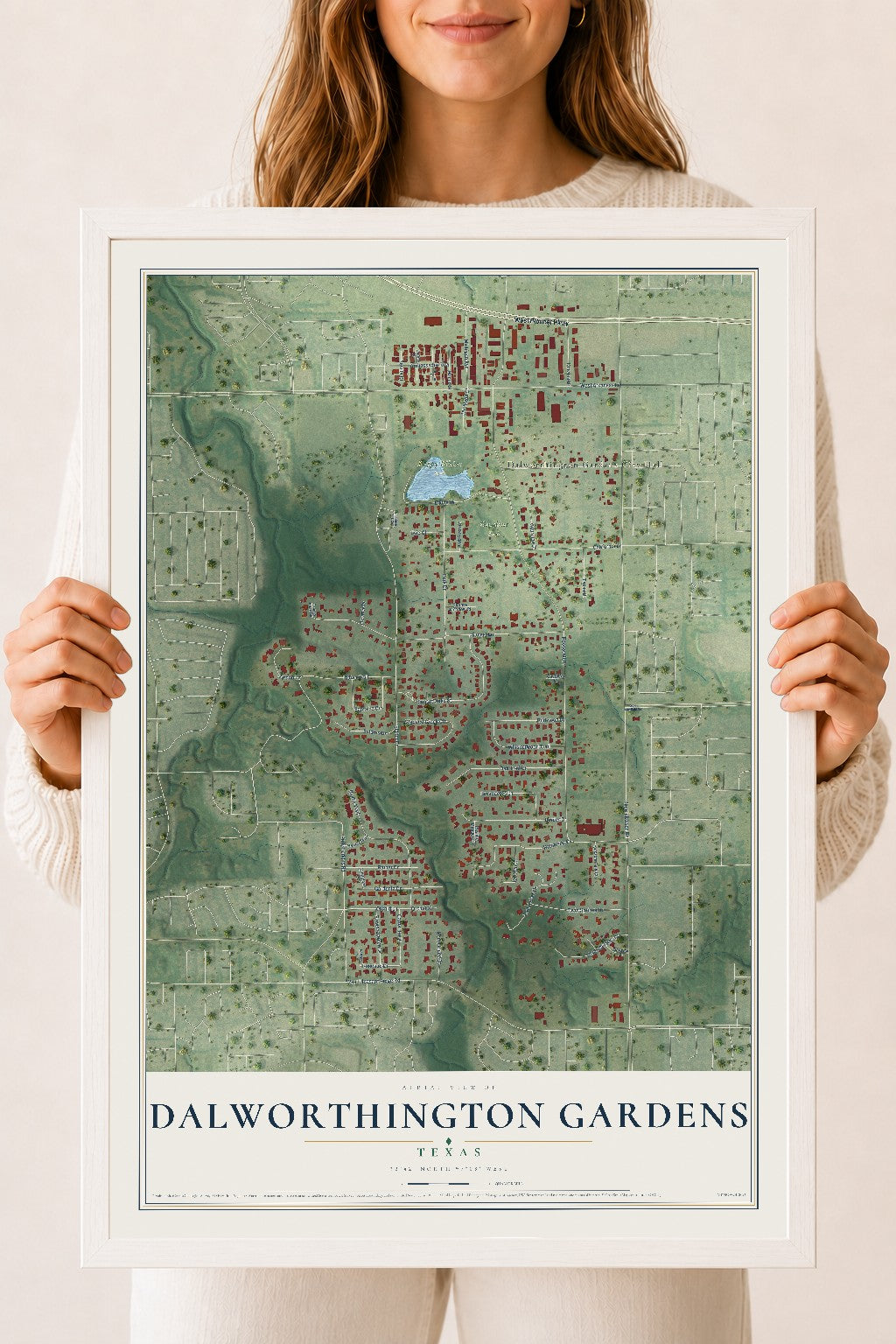 Map of Dalworthington Gardens, Texas, 18 x 24 inch print in a white wood frame