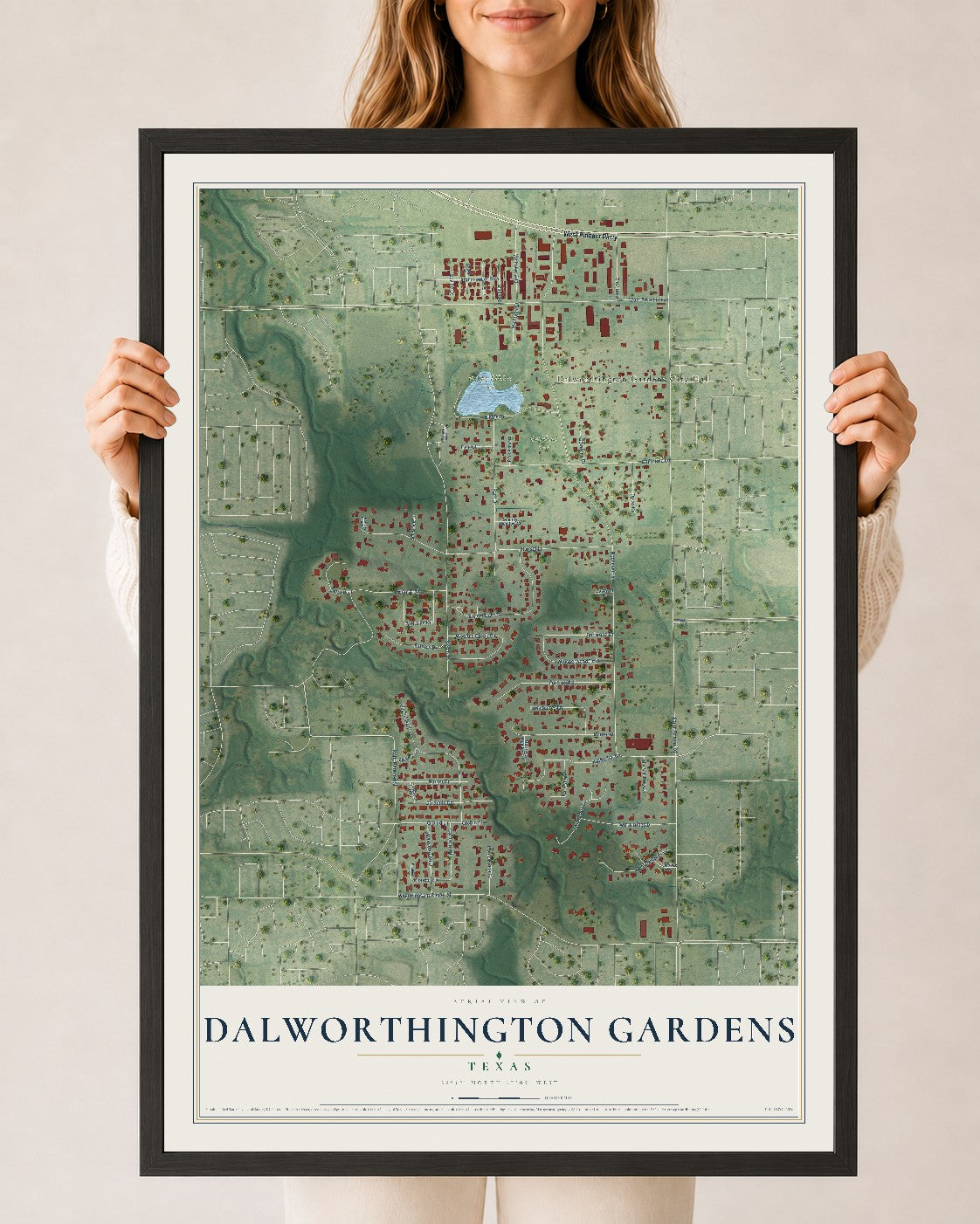 Map of Dalworthington Gardens, Texas, 24 x 36 inch print in a black wood frame