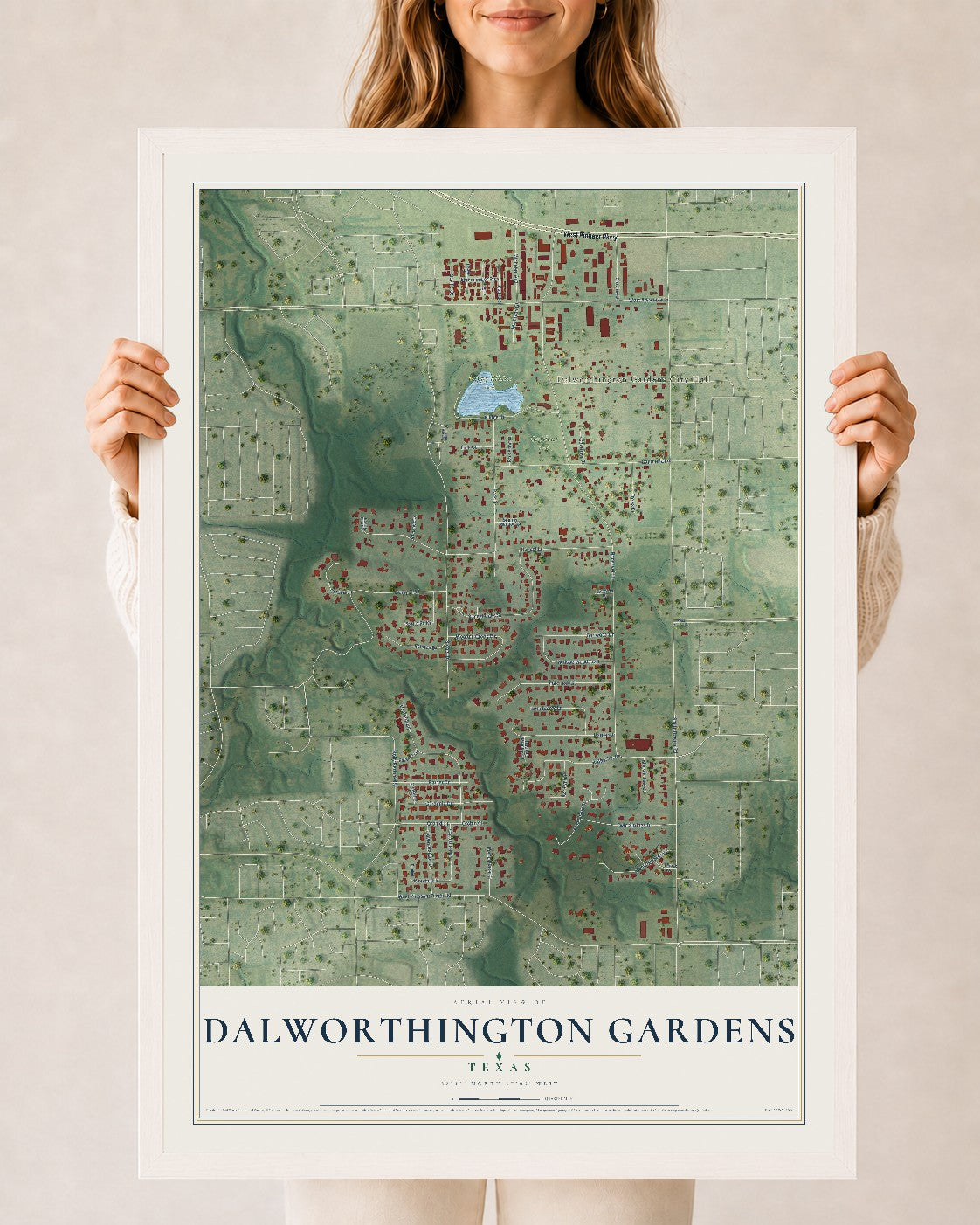 Map of Dalworthington Gardens, Texas, 24 x 36 inch print in a white wood frame