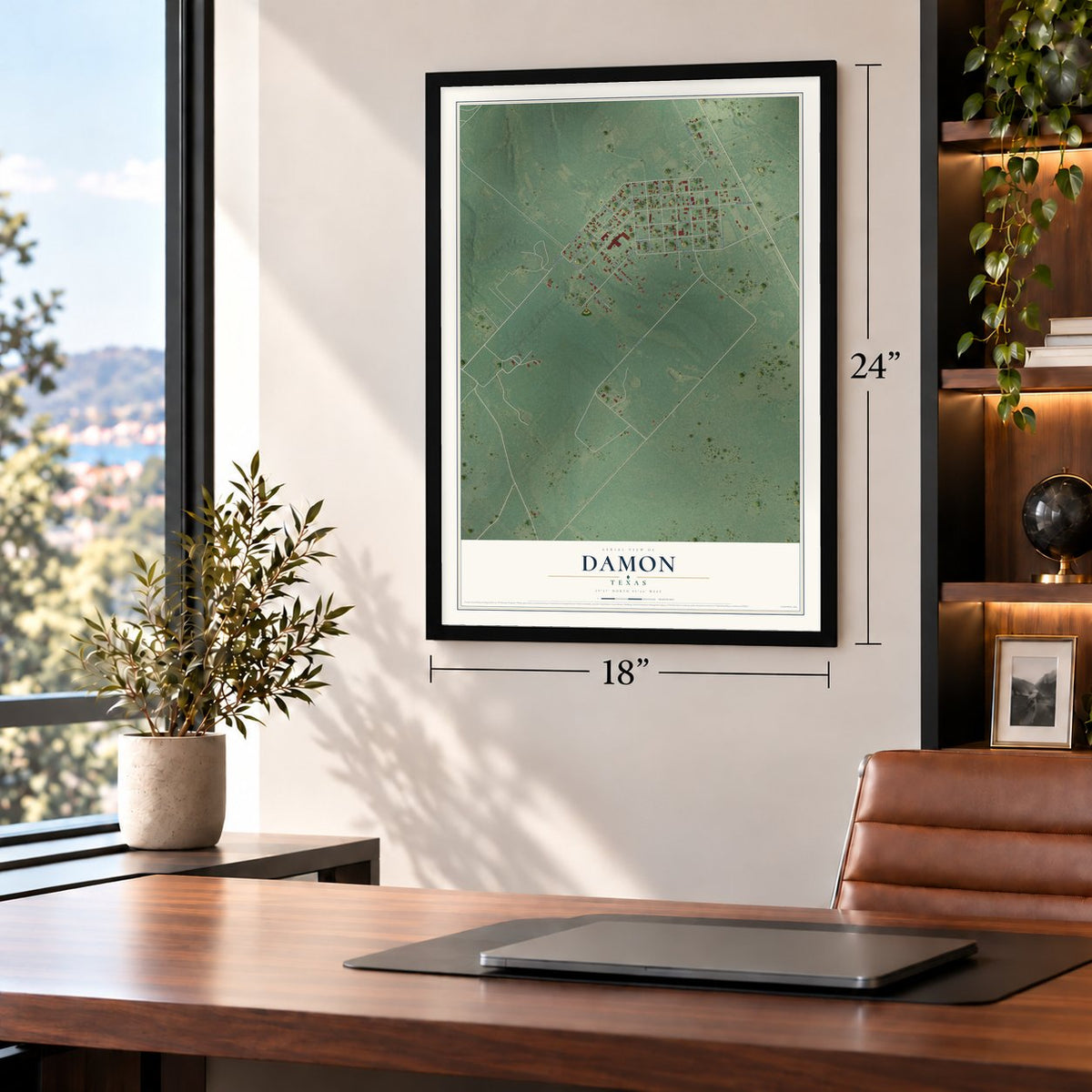 Damon, Texas map, 18 x 24 inch print in a black frame in a home office