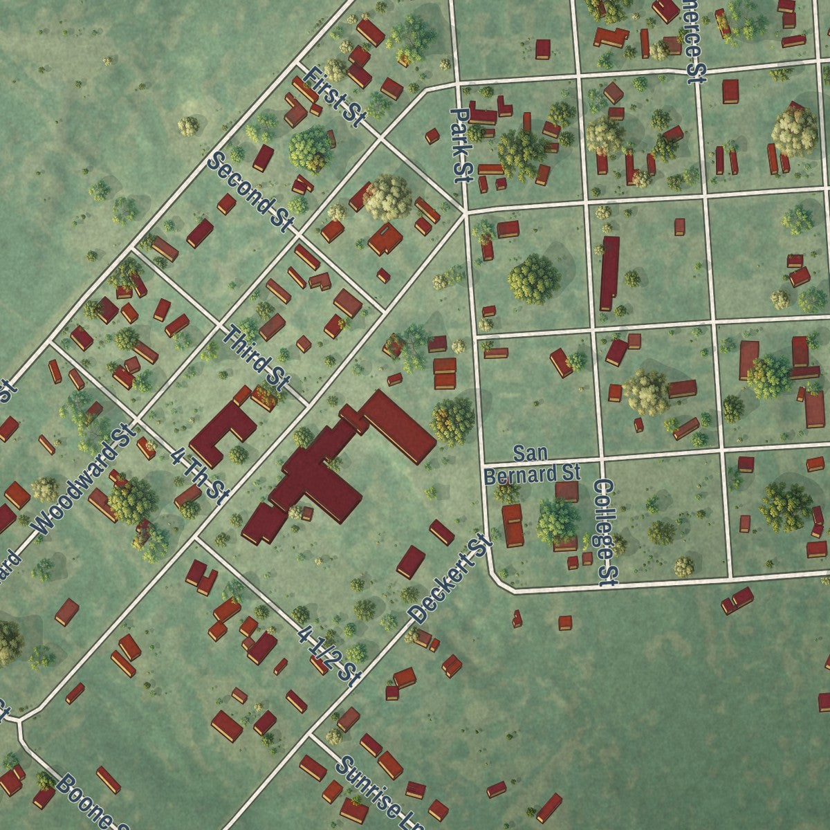 Close-up of the map of Damon, Texas print showing street and building detail