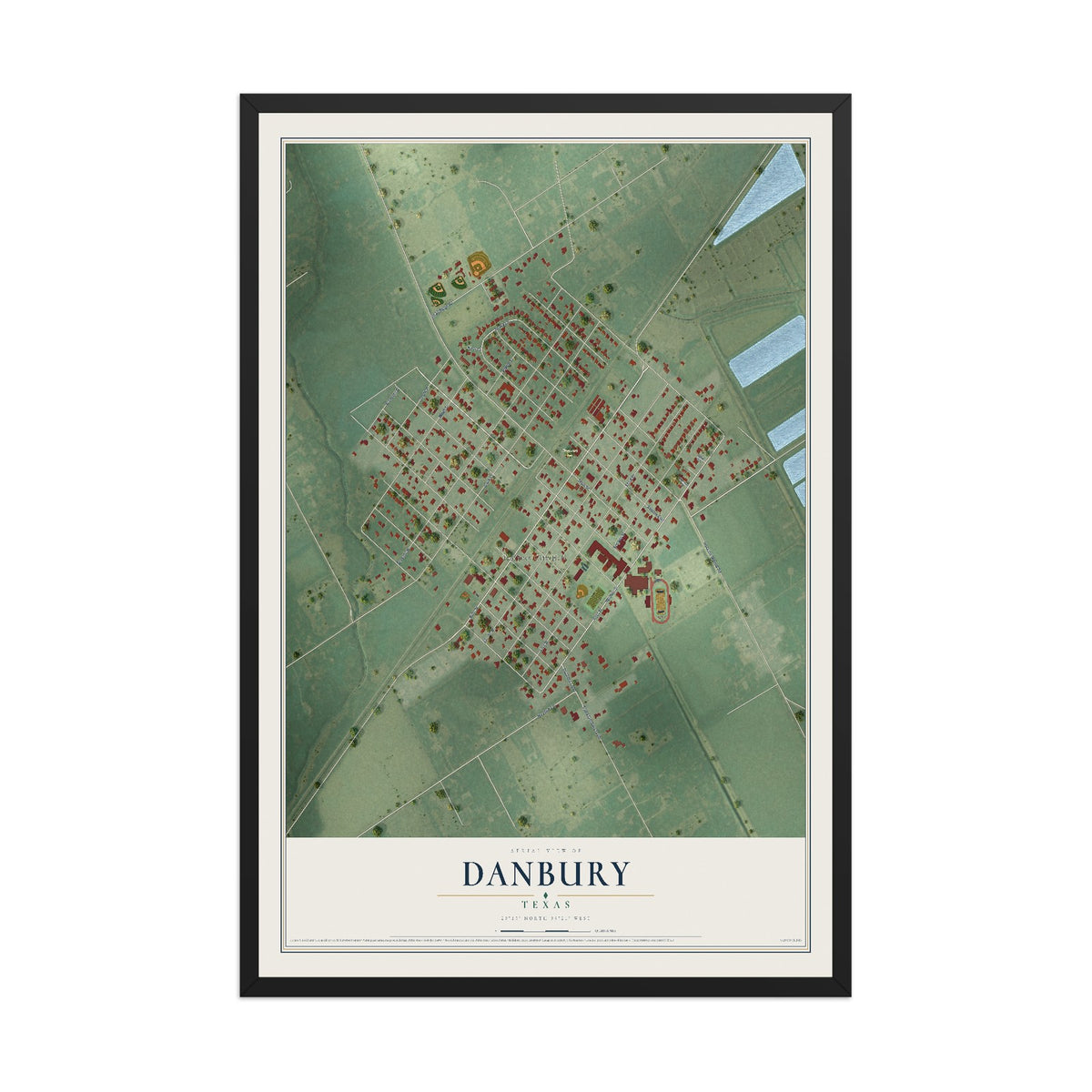 Map of Danbury, Texas, 12 x 18 inch print in a black wood frame