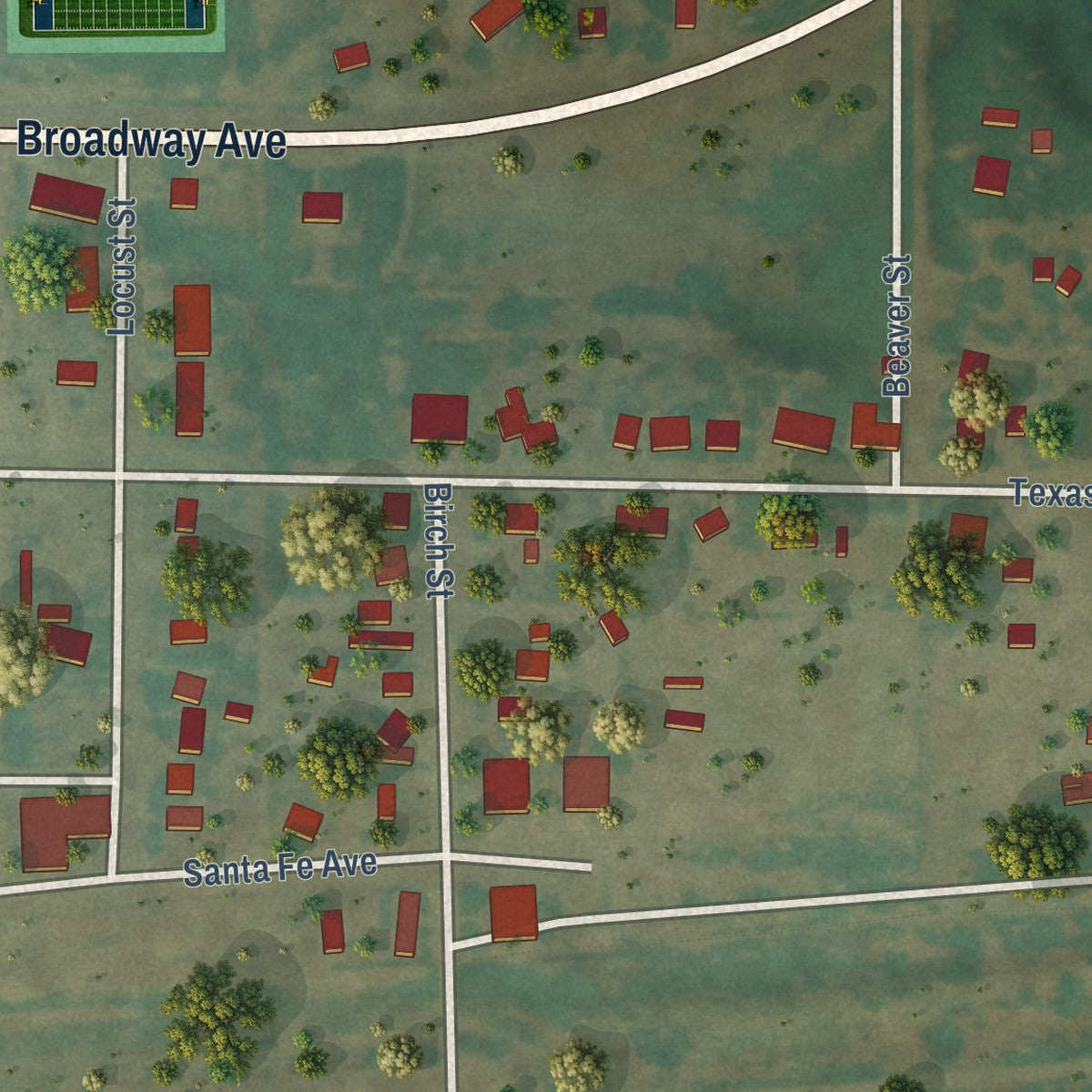 Second close-up of the map of Darrouzett, Texas print showing more streets and buildings