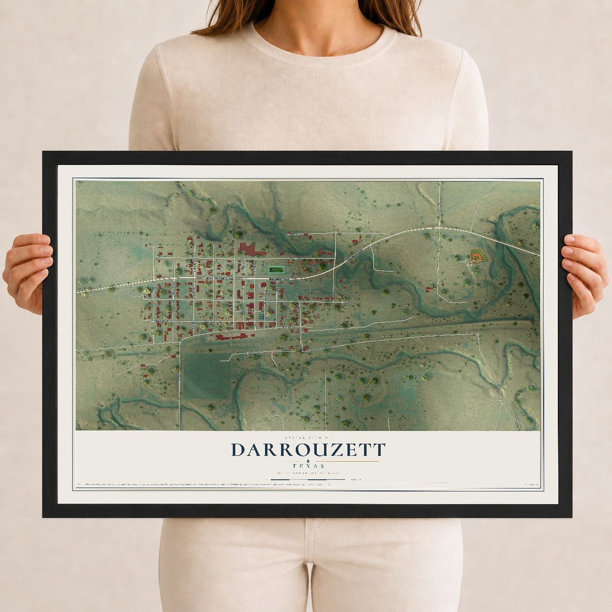 Map of Darrouzett, Texas, 12 x 18 inch print in a black wood frame