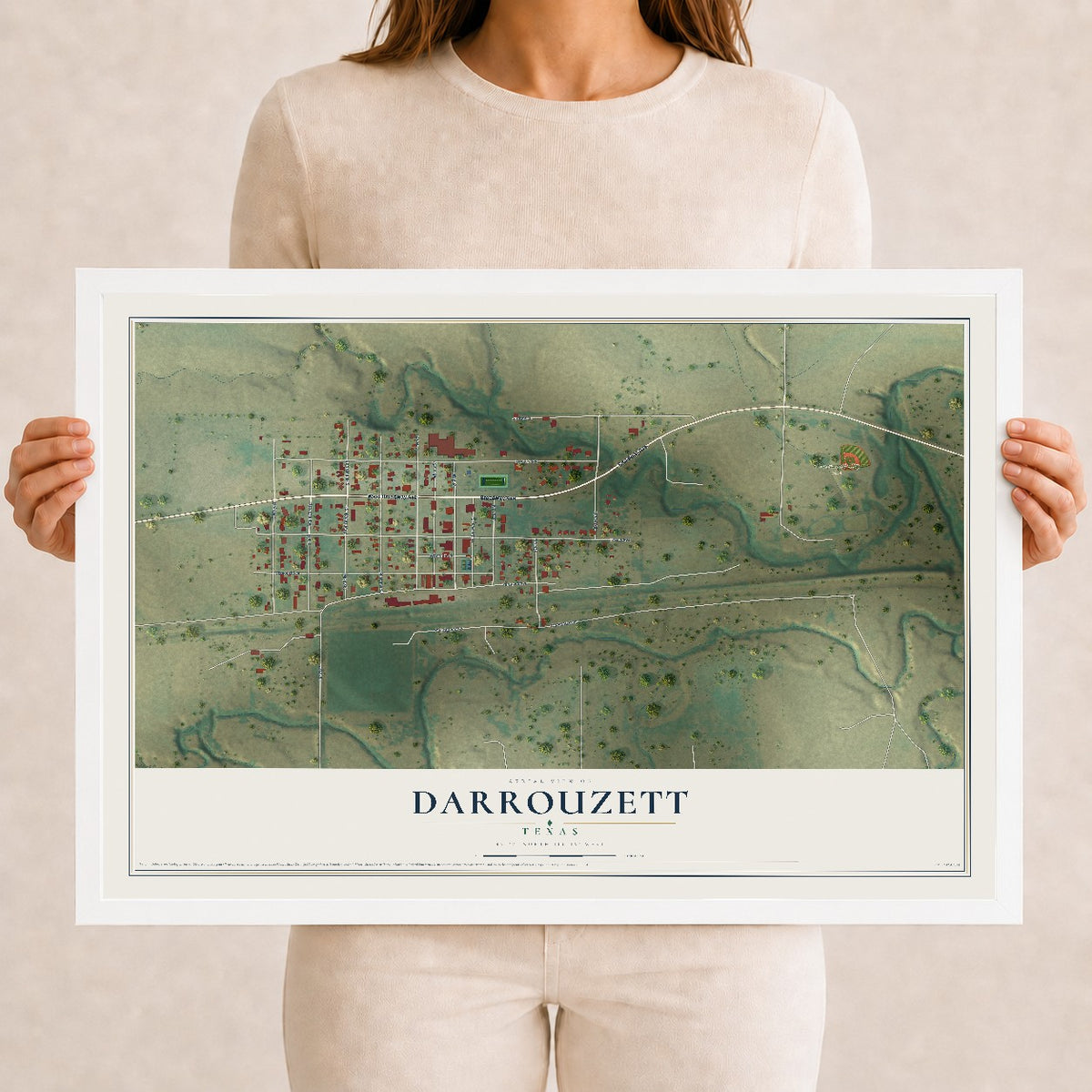 Map of Darrouzett, Texas, 12 x 18 inch print in a white wood frame