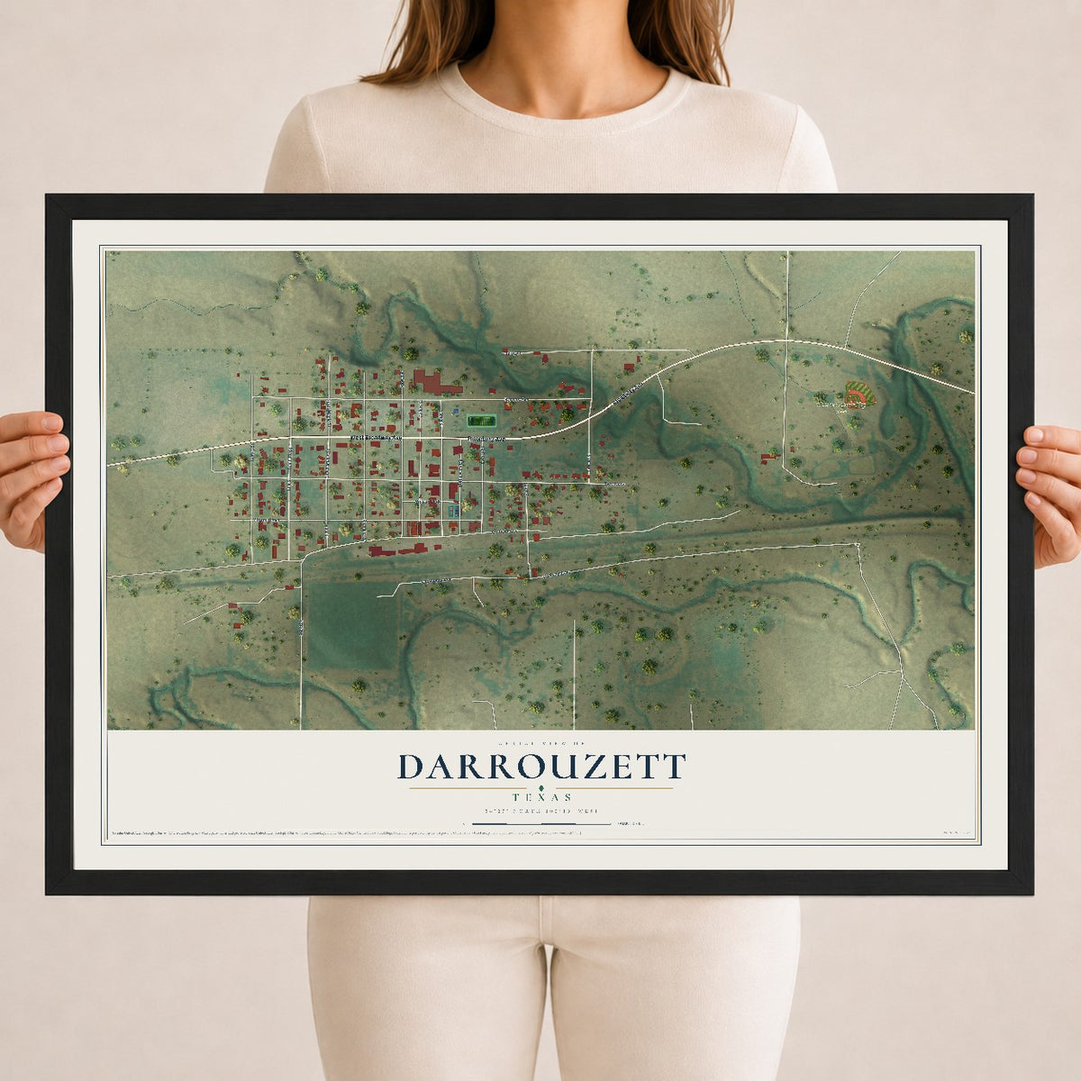 Map of Darrouzett, Texas, 18 x 24 inch print in a black wood frame