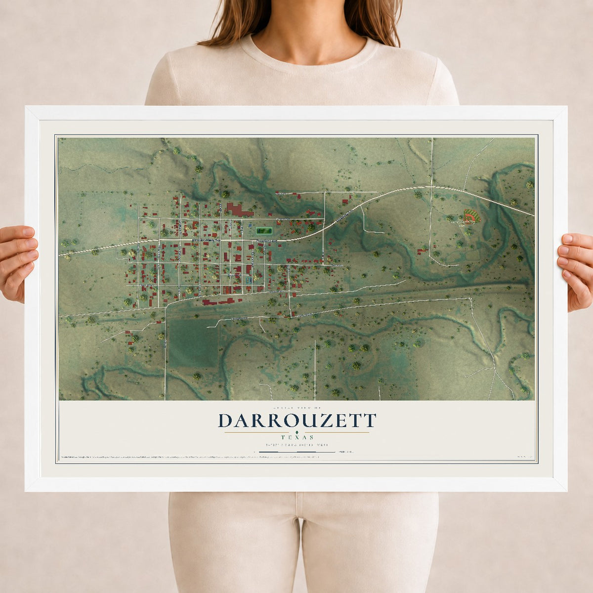 Map of Darrouzett, Texas, 18 x 24 inch print in a white wood frame
