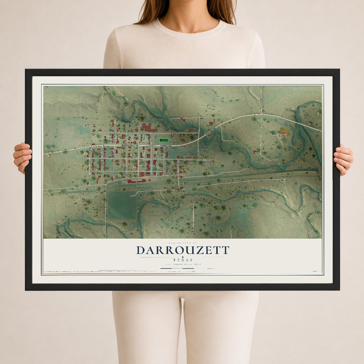 Map of Darrouzett, Texas, 24 x 36 inch print in a black wood frame