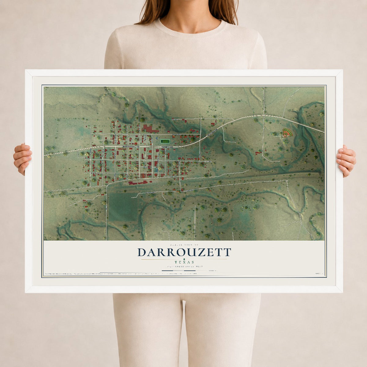 Map of Darrouzett, Texas, 24 x 36 inch print in a white wood frame