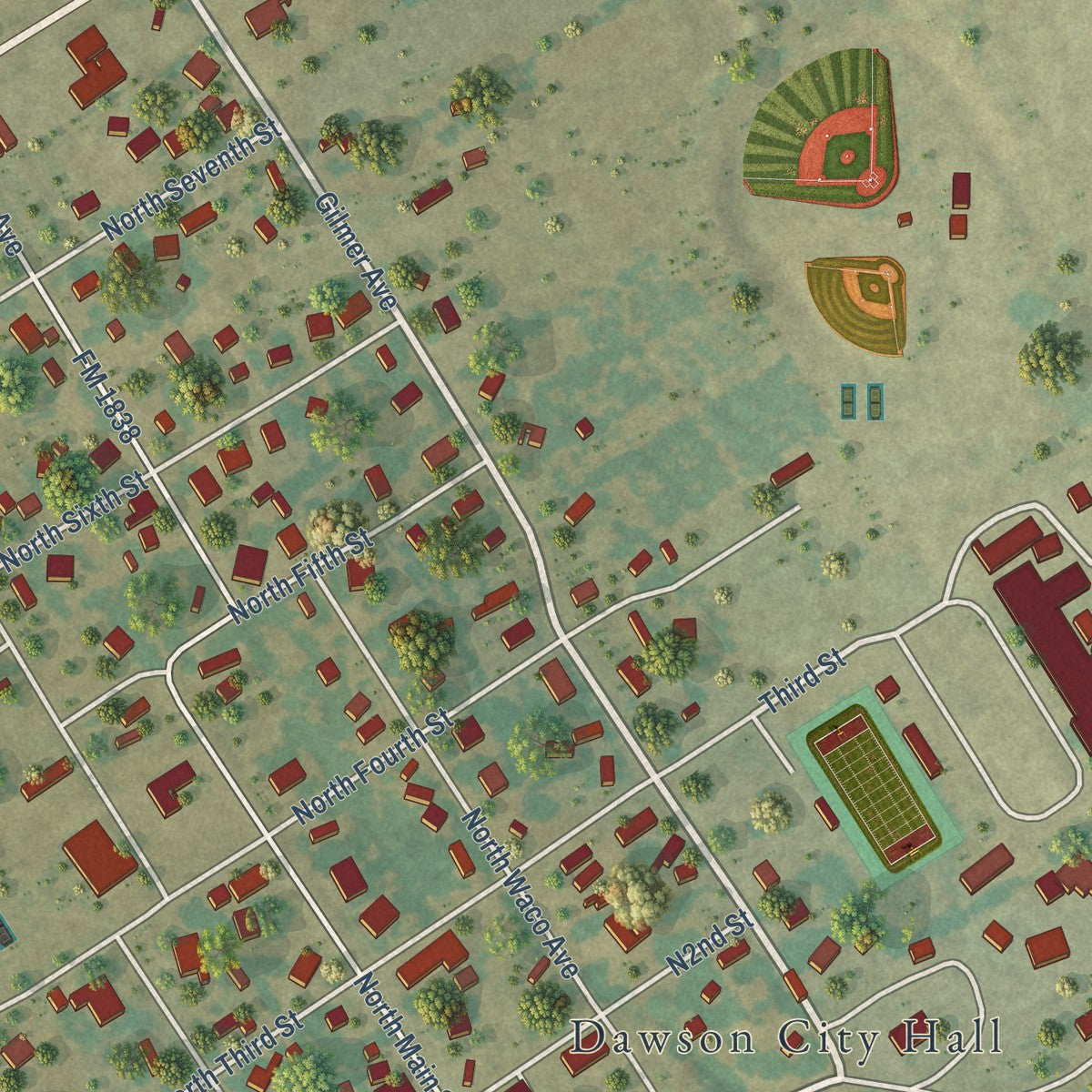 Close-up of the map of Dawson, Texas print showing street and building detail
