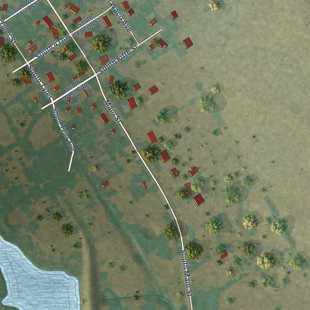 Second close-up of the map of Dawson, Texas print showing more streets and buildings