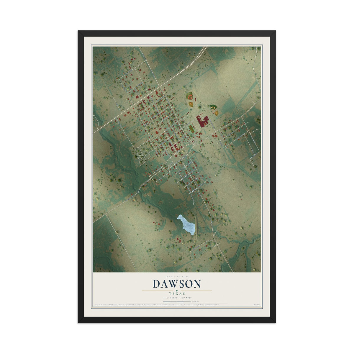 Map of Dawson, Texas, 12 x 18 inch print in a black wood frame
