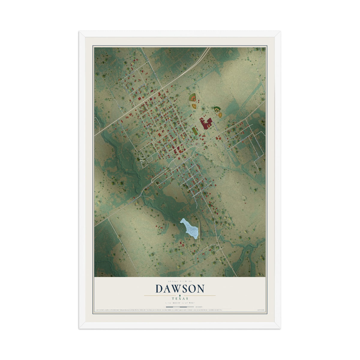 Map of Dawson, Texas, 12 x 18 inch print in a white wood frame