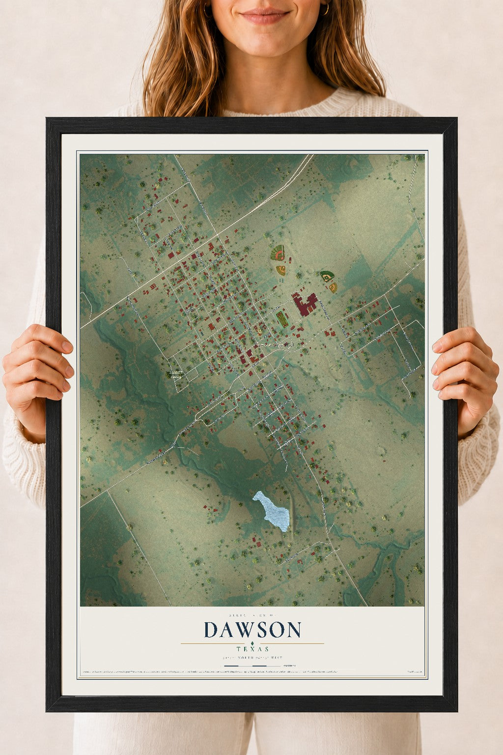 Map of Dawson, Texas, 18 x 24 inch print in a black wood frame