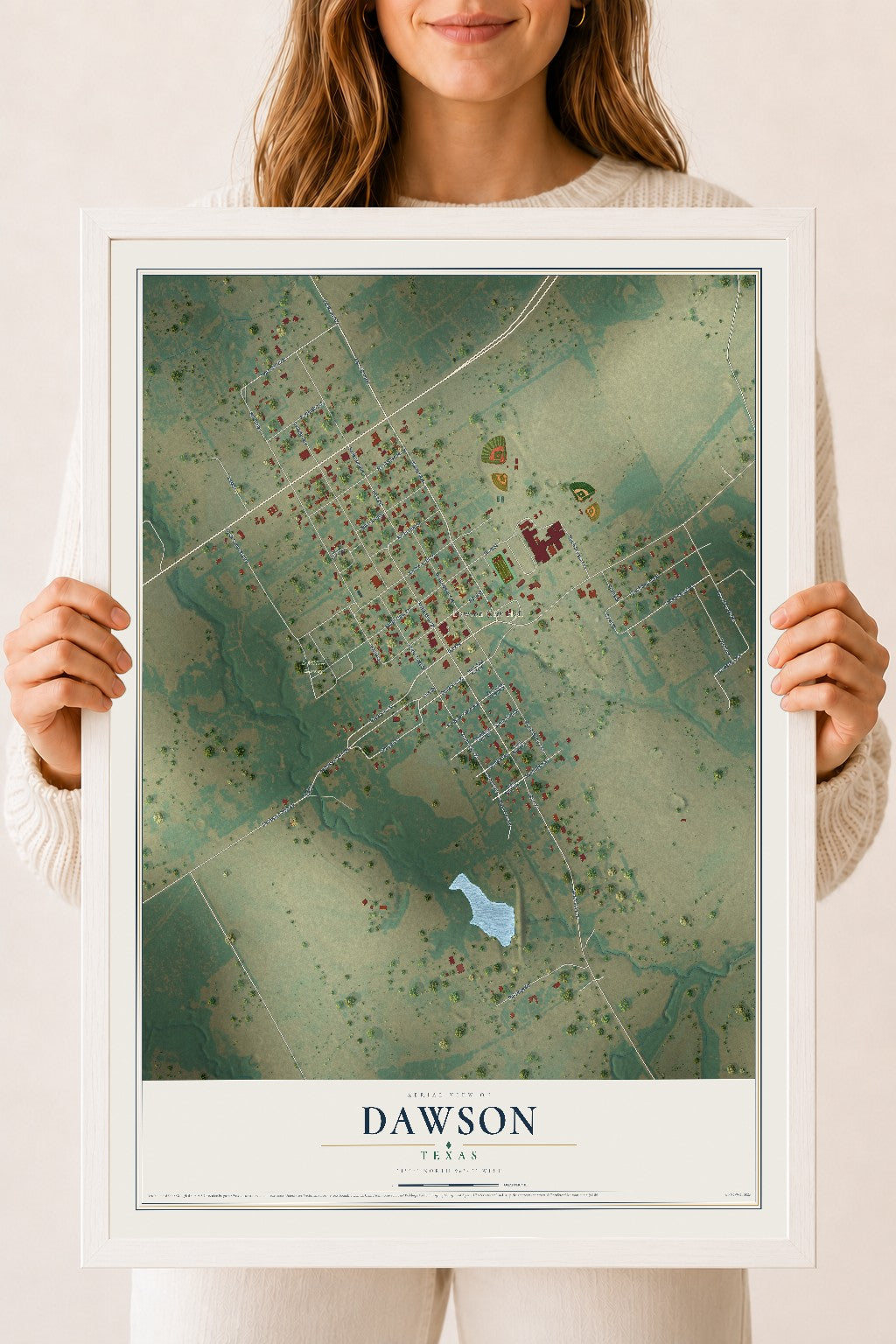 Map of Dawson, Texas, 18 x 24 inch print in a white wood frame
