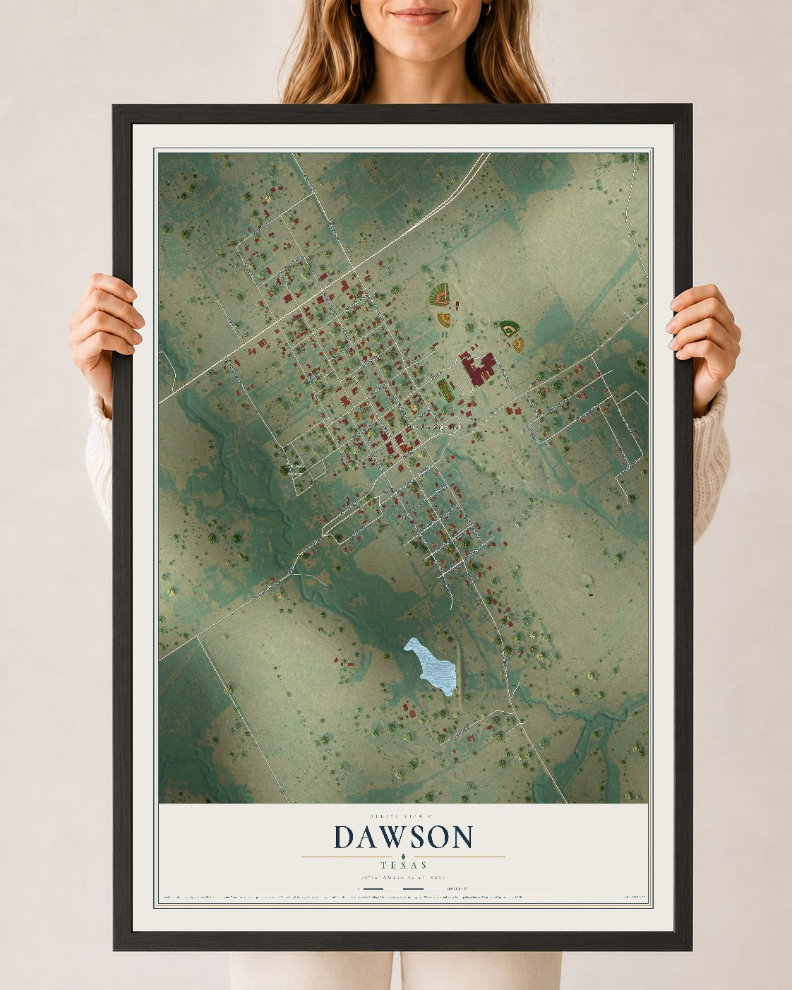 Map of Dawson, Texas, 24 x 36 inch print in a black wood frame