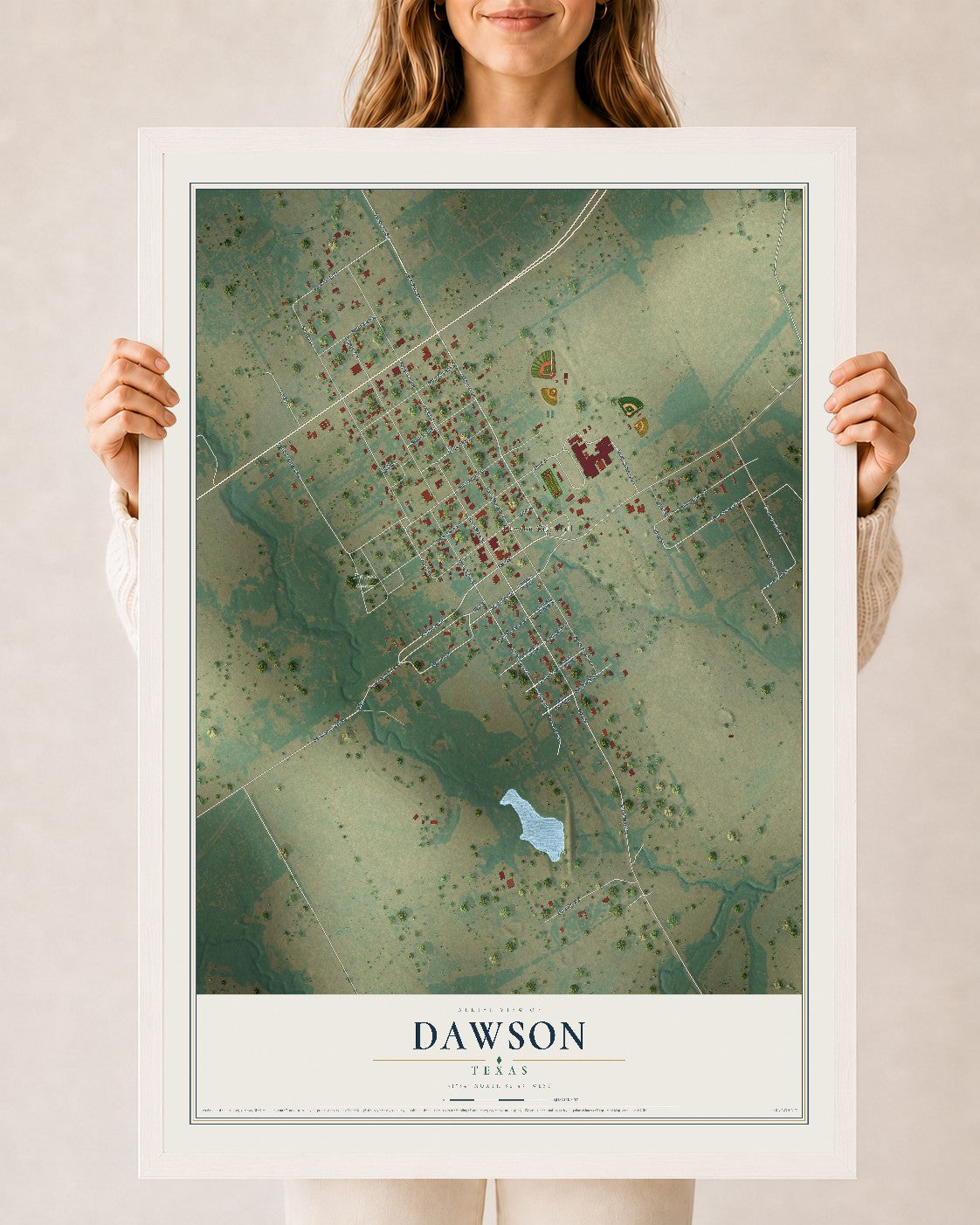 Map of Dawson, Texas, 24 x 36 inch print in a white wood frame