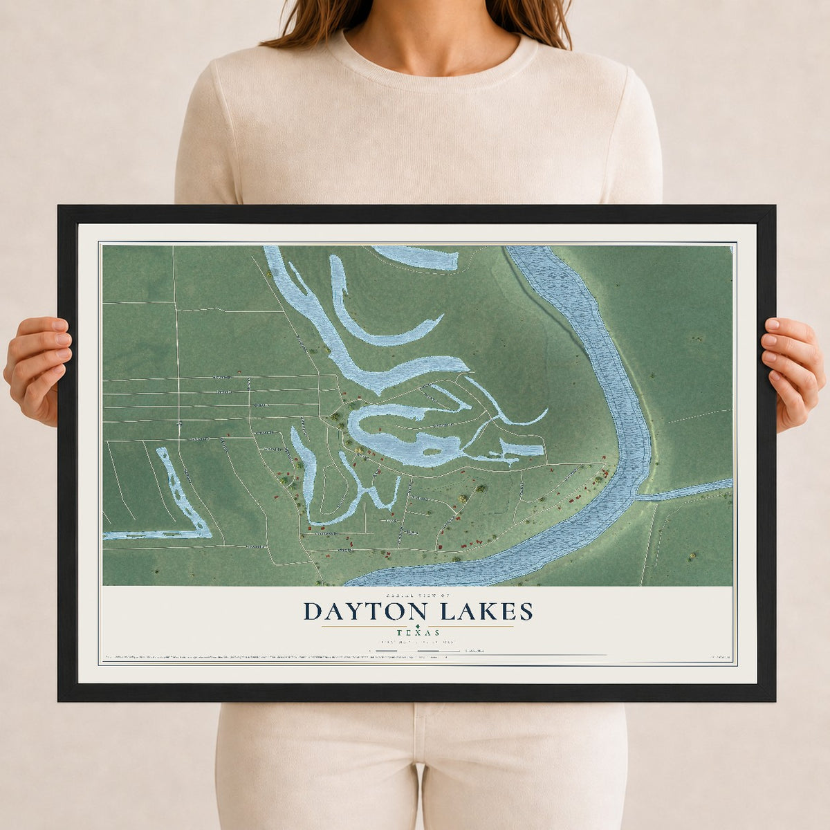 Map of Dayton Lakes, Texas, 12 x 18 inch print in a black wood frame