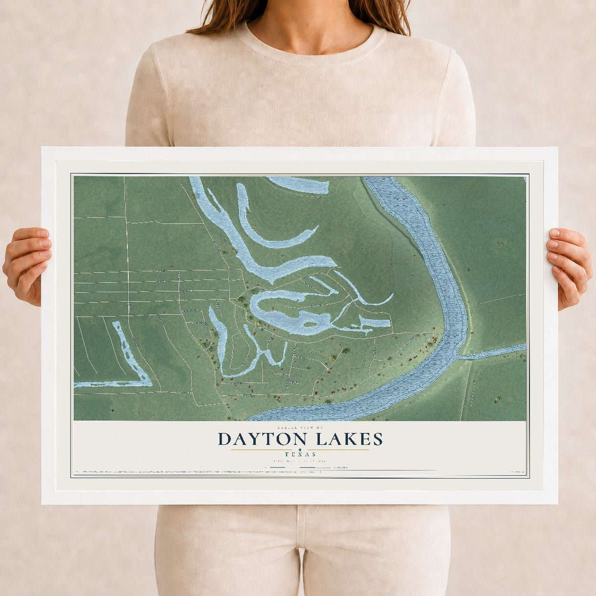 Map of Dayton Lakes, Texas, 12 x 18 inch print in a white wood frame