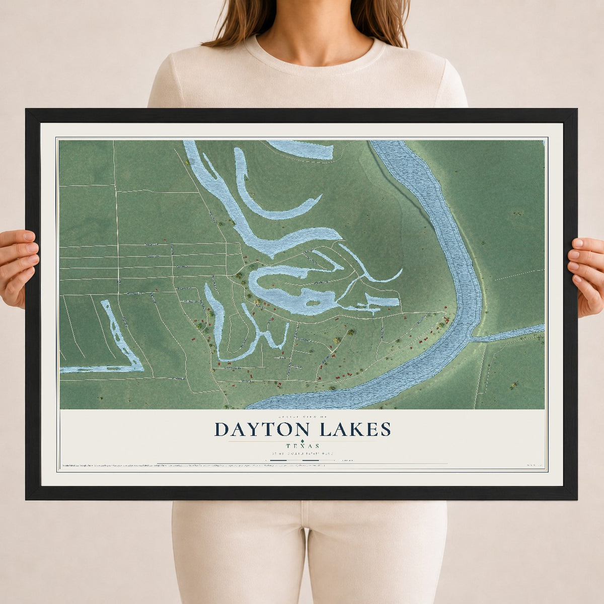 Map of Dayton Lakes, Texas, 18 x 24 inch print in a black wood frame