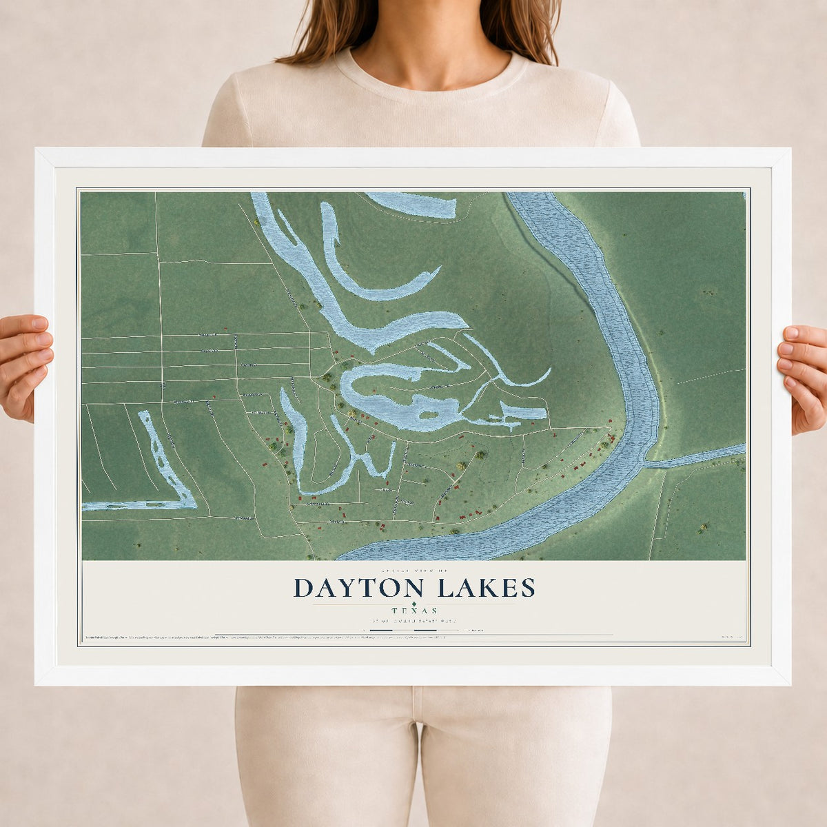Map of Dayton Lakes, Texas, 18 x 24 inch print in a white wood frame