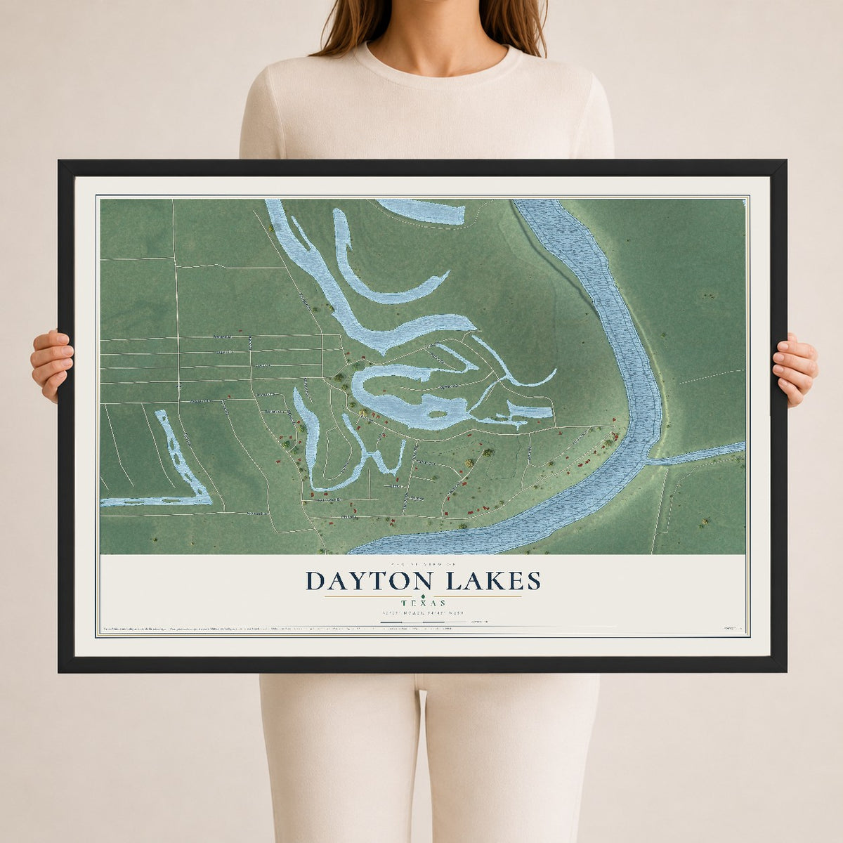Map of Dayton Lakes, Texas, 24 x 36 inch print in a black wood frame