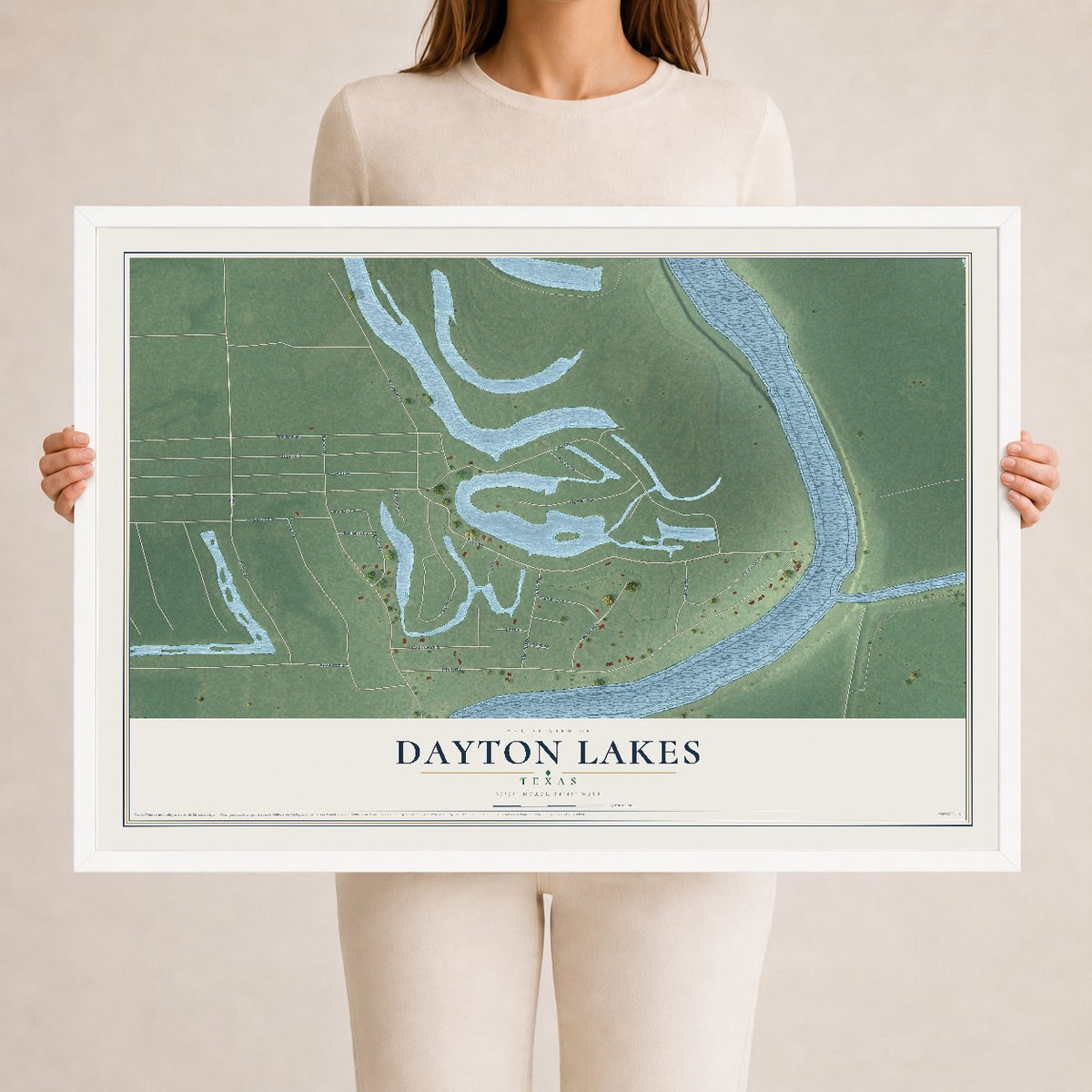 Map of Dayton Lakes, Texas, 24 x 36 inch print in a white wood frame