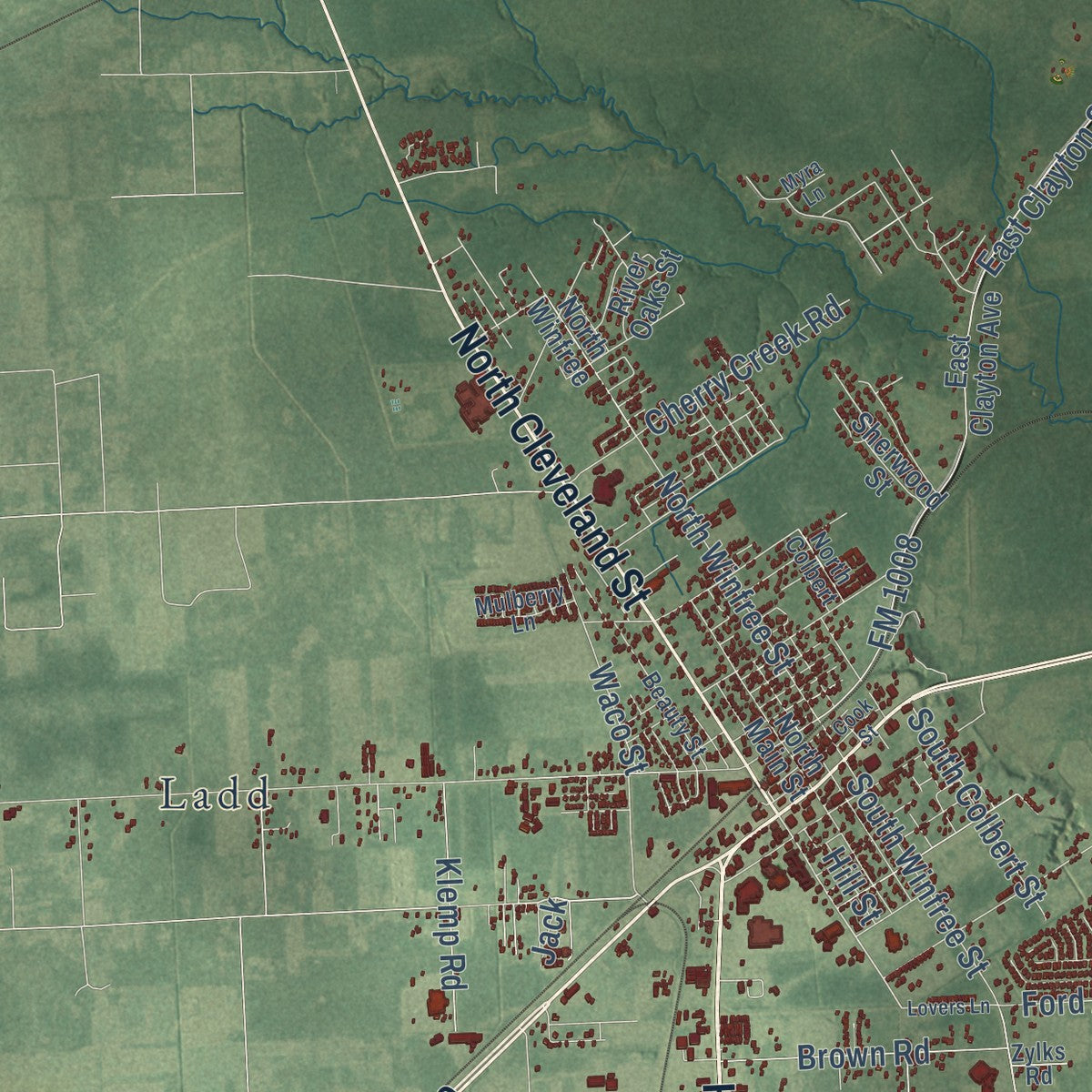 Close-up of the map of Dayton, Texas print showing street and building detail