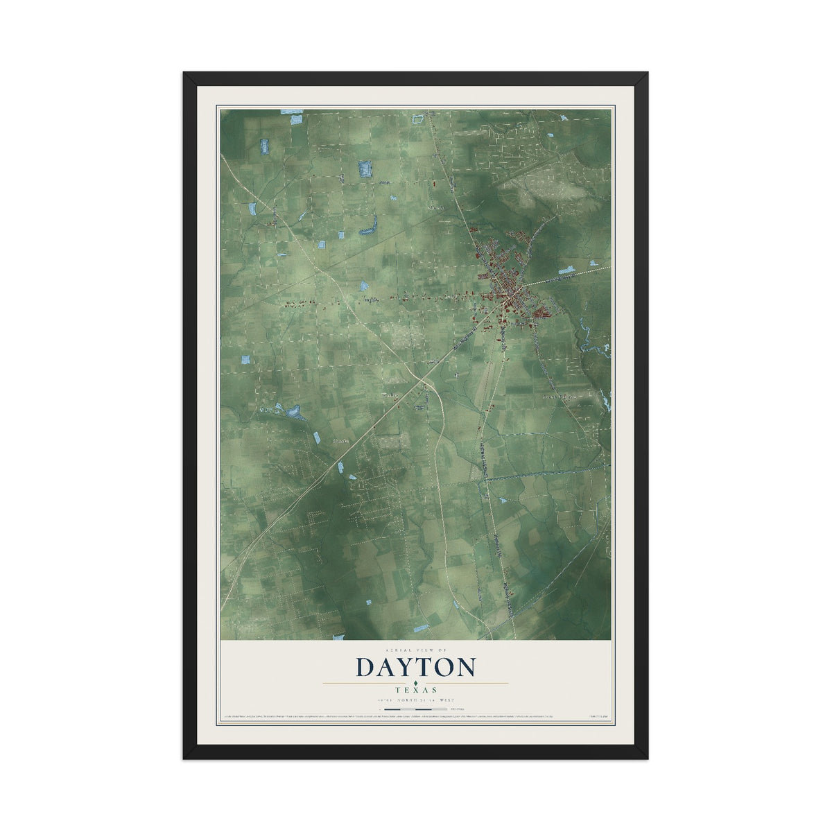 Map of Dayton, Texas, 12 x 18 inch print in a black wood frame