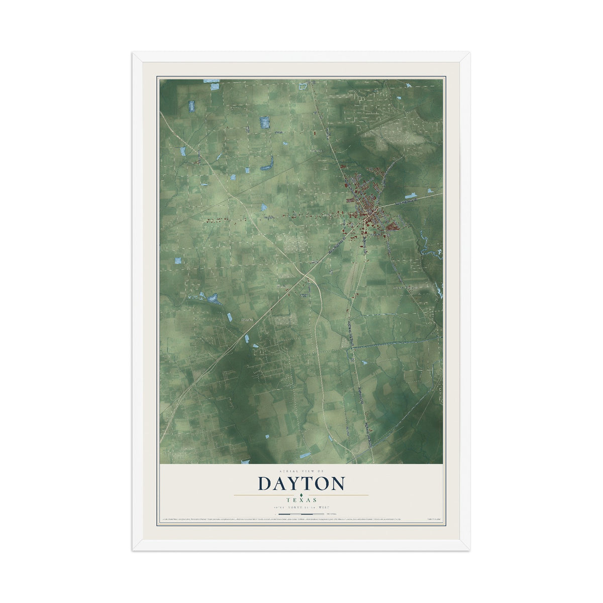 Map of Dayton, Texas, 12 x 18 inch print in a white wood frame