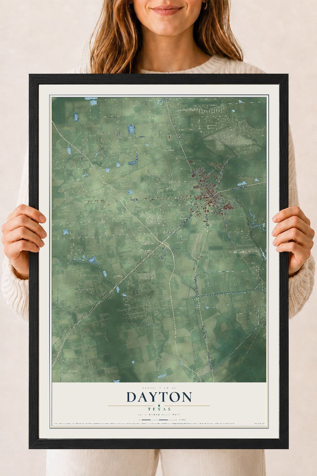 Map of Dayton, Texas, 18 x 24 inch print in a black wood frame