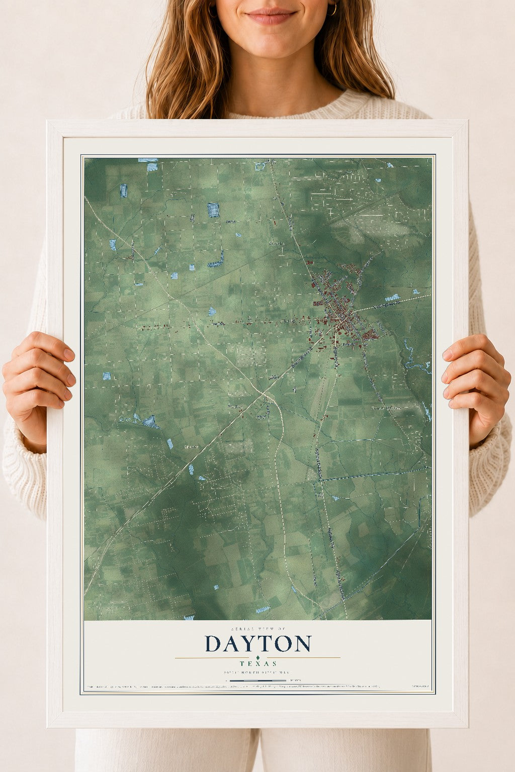 Map of Dayton, Texas, 18 x 24 inch print in a white wood frame