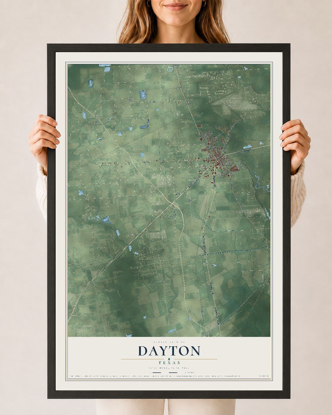 Map of Dayton, Texas, 24 x 36 inch print in a black wood frame