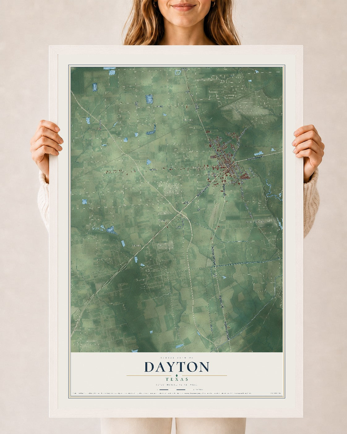 Map of Dayton, Texas, 24 x 36 inch print in a white wood frame