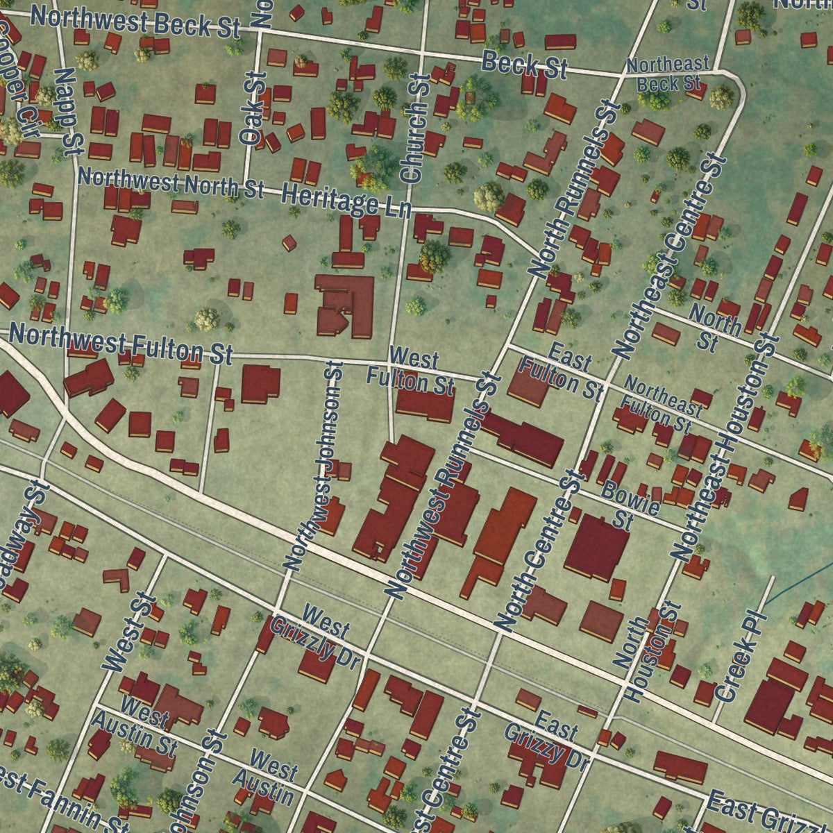 Close-up of the map of De Kalb, Texas print showing street and building detail