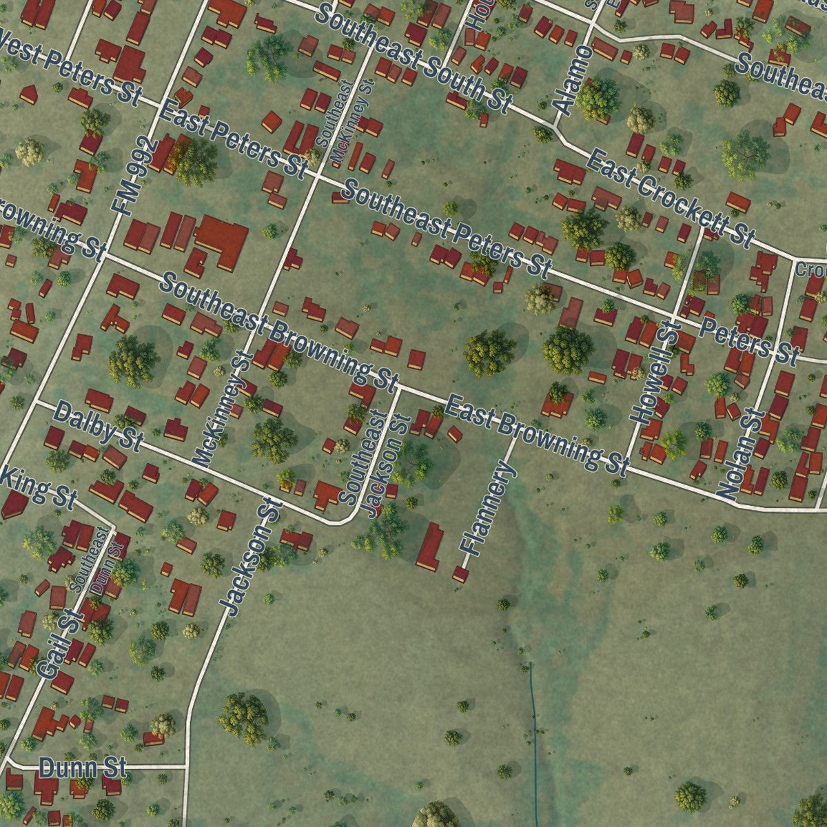 Second close-up of the map of De Kalb, Texas print showing more streets and buildings