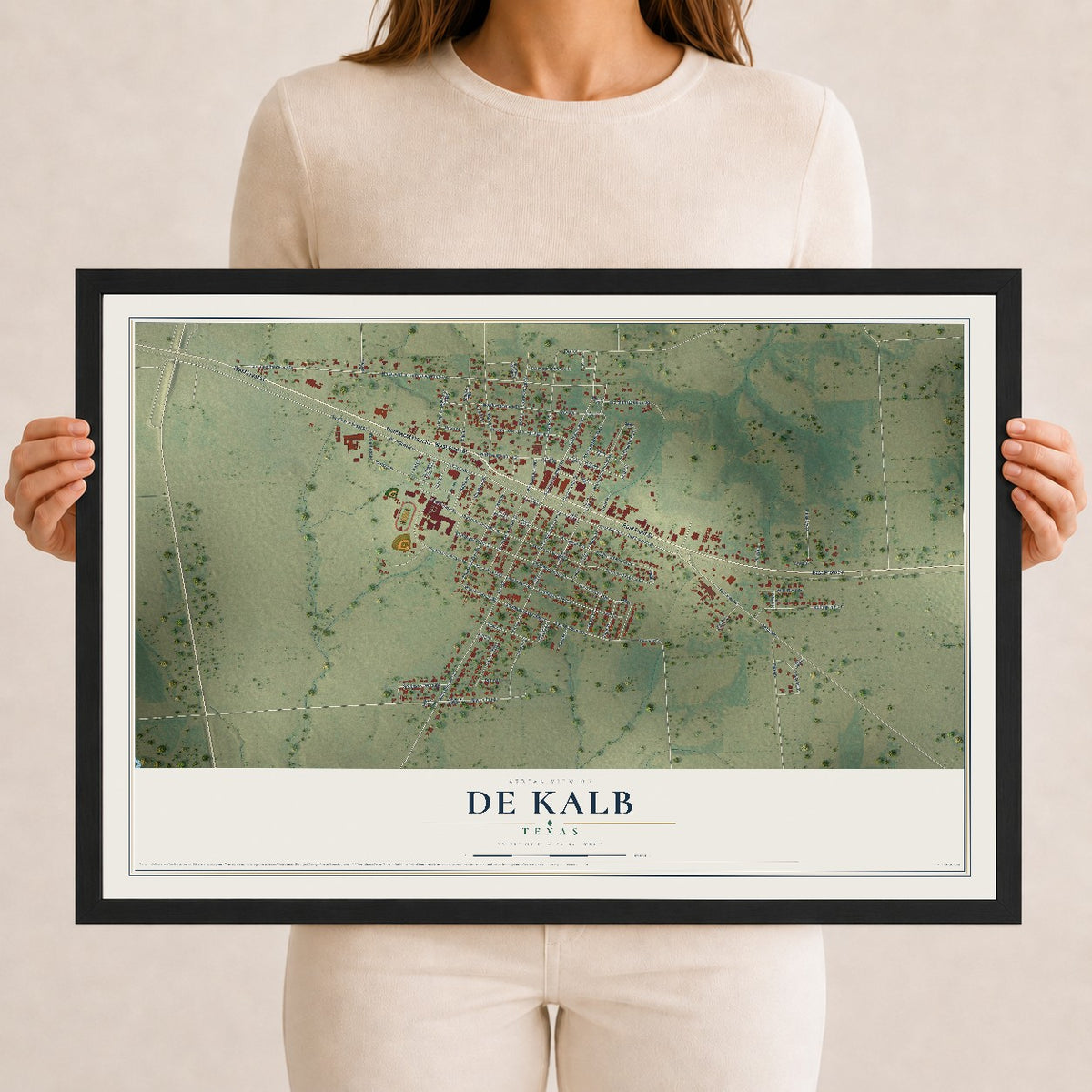 Map of De Kalb, Texas, 12 x 18 inch print in a black wood frame