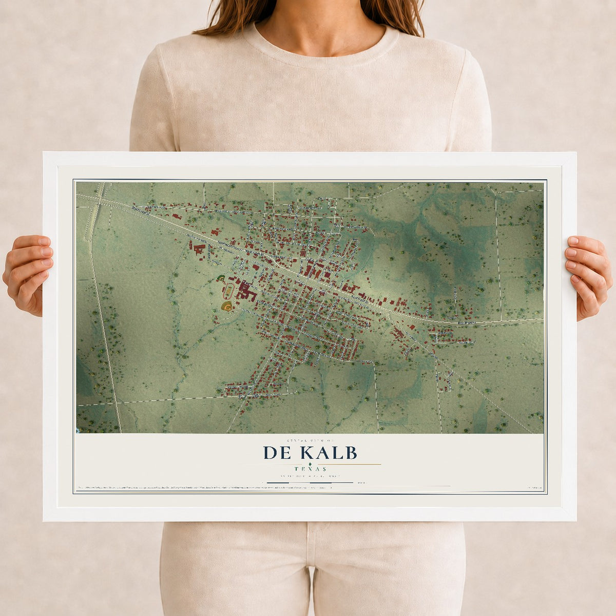 Map of De Kalb, Texas, 12 x 18 inch print in a white wood frame