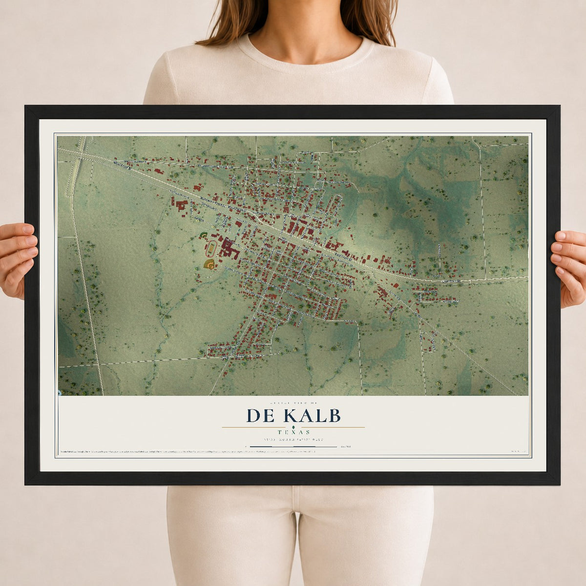 Map of De Kalb, Texas, 18 x 24 inch print in a black wood frame