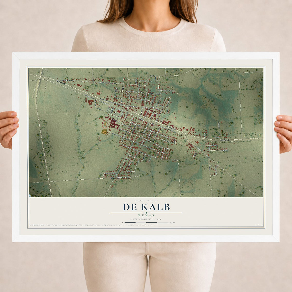 Map of De Kalb, Texas, 18 x 24 inch print in a white wood frame