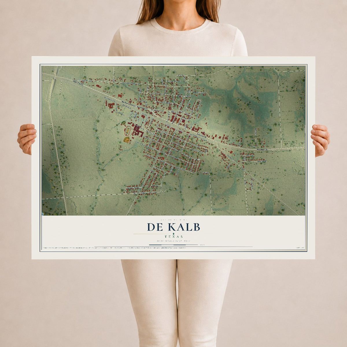 Map of De Kalb, Texas, 24 x 36 inch unframed archival matte print