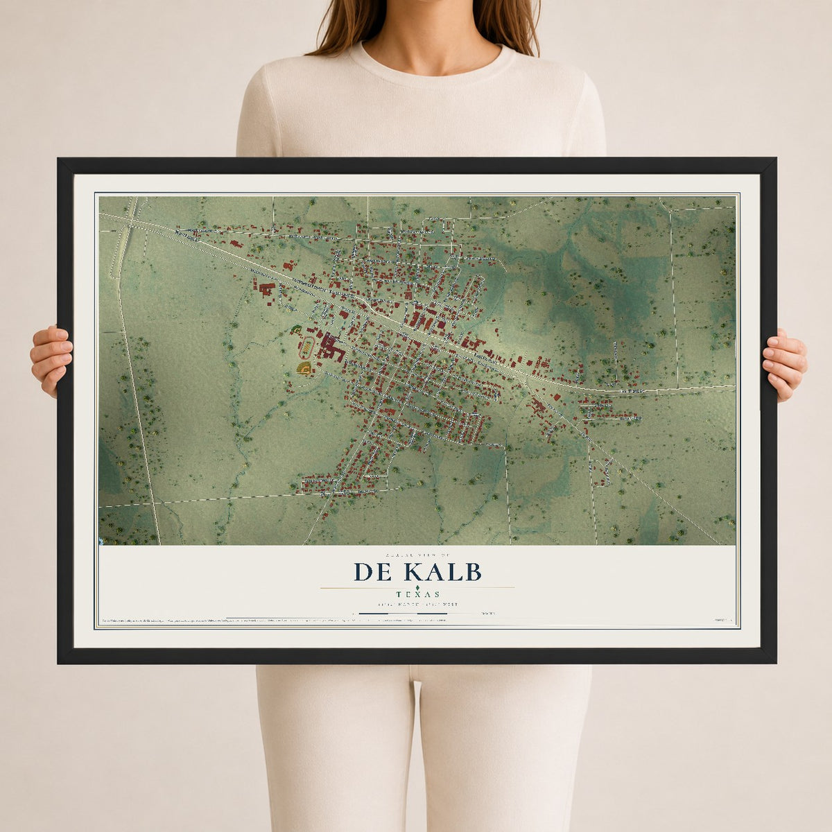 Map of De Kalb, Texas, 24 x 36 inch print in a black wood frame