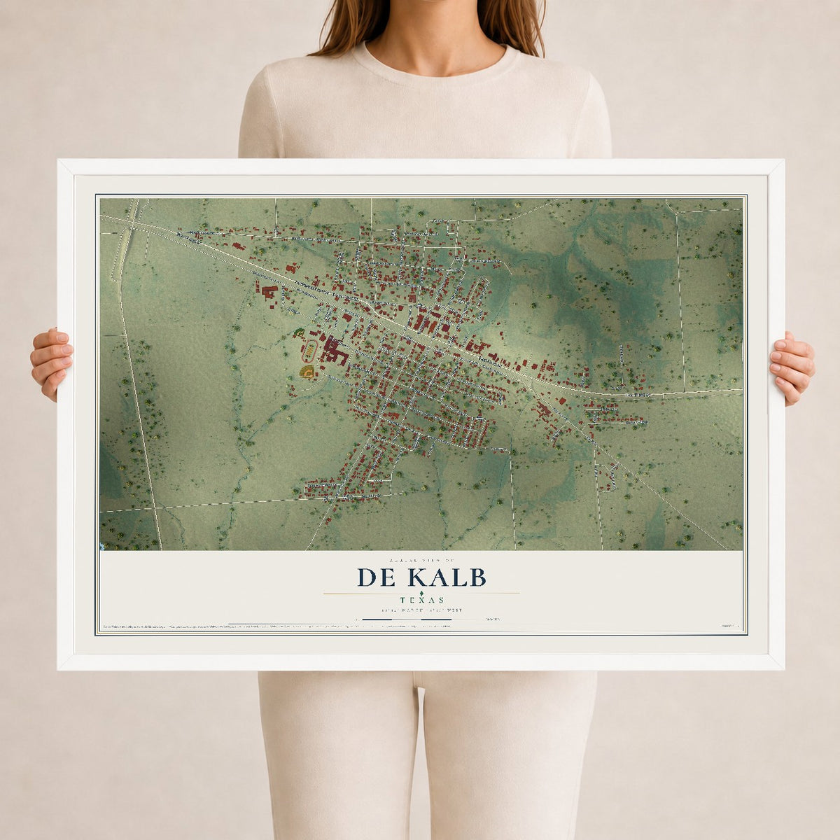 Map of De Kalb, Texas, 24 x 36 inch print in a white wood frame