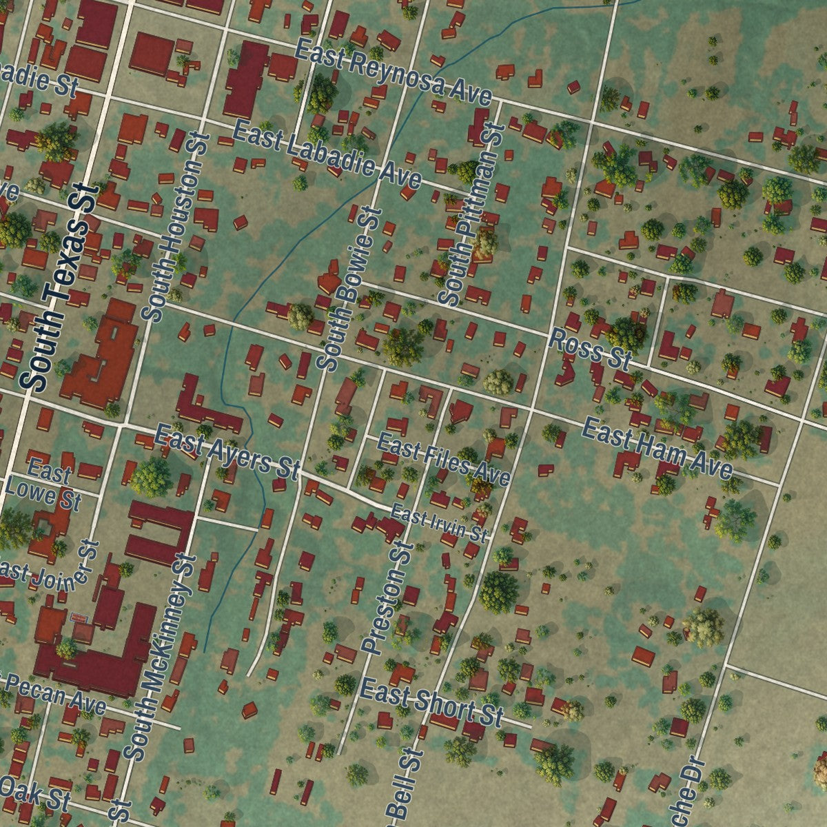 Second close-up of the map of De Leon, Texas print showing more streets and buildings