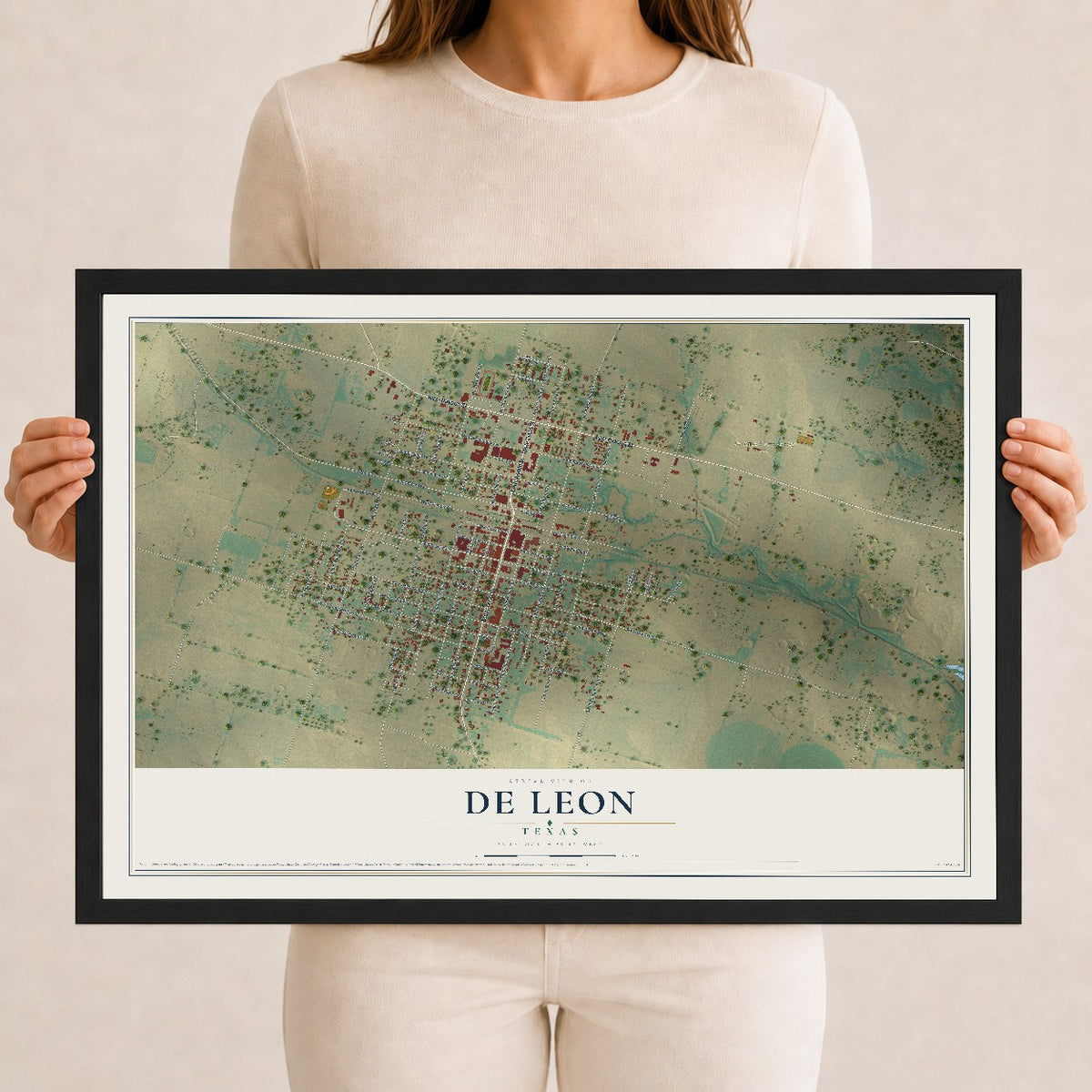 Map of De Leon, Texas, 12 x 18 inch print in a black wood frame