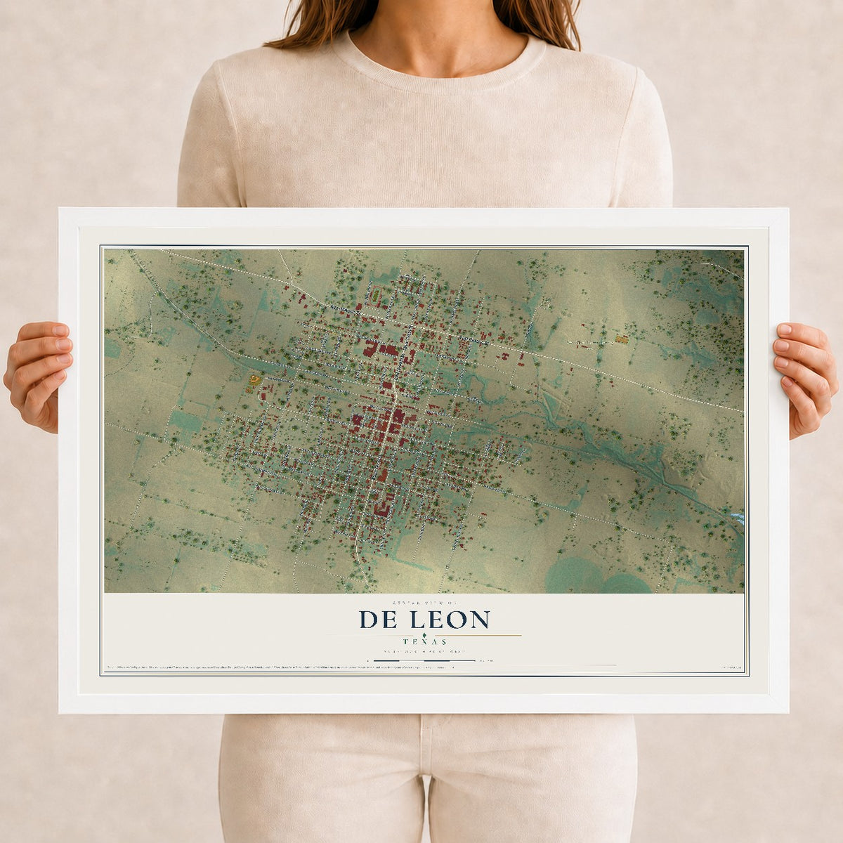Map of De Leon, Texas, 12 x 18 inch print in a white wood frame