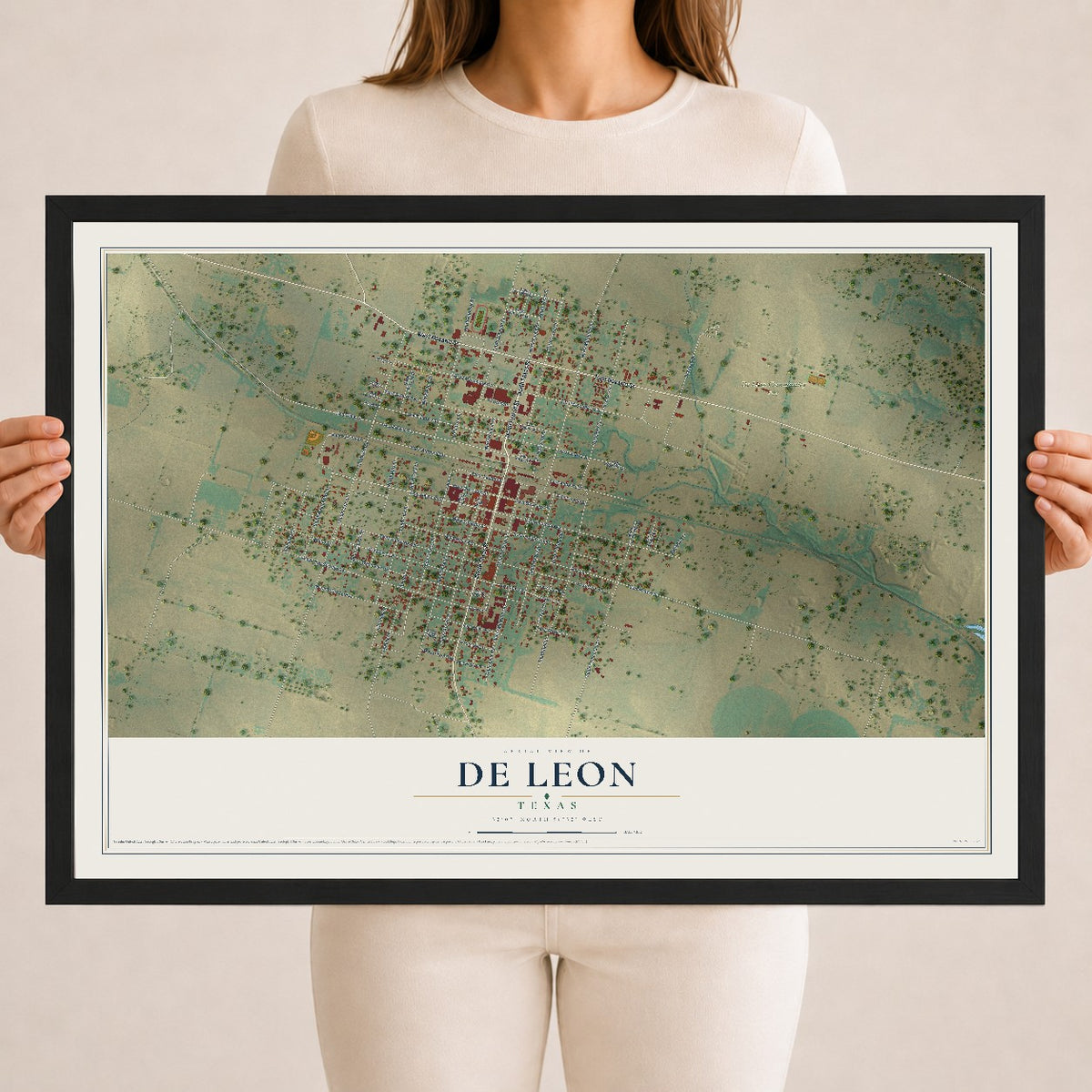 Map of De Leon, Texas, 18 x 24 inch print in a black wood frame