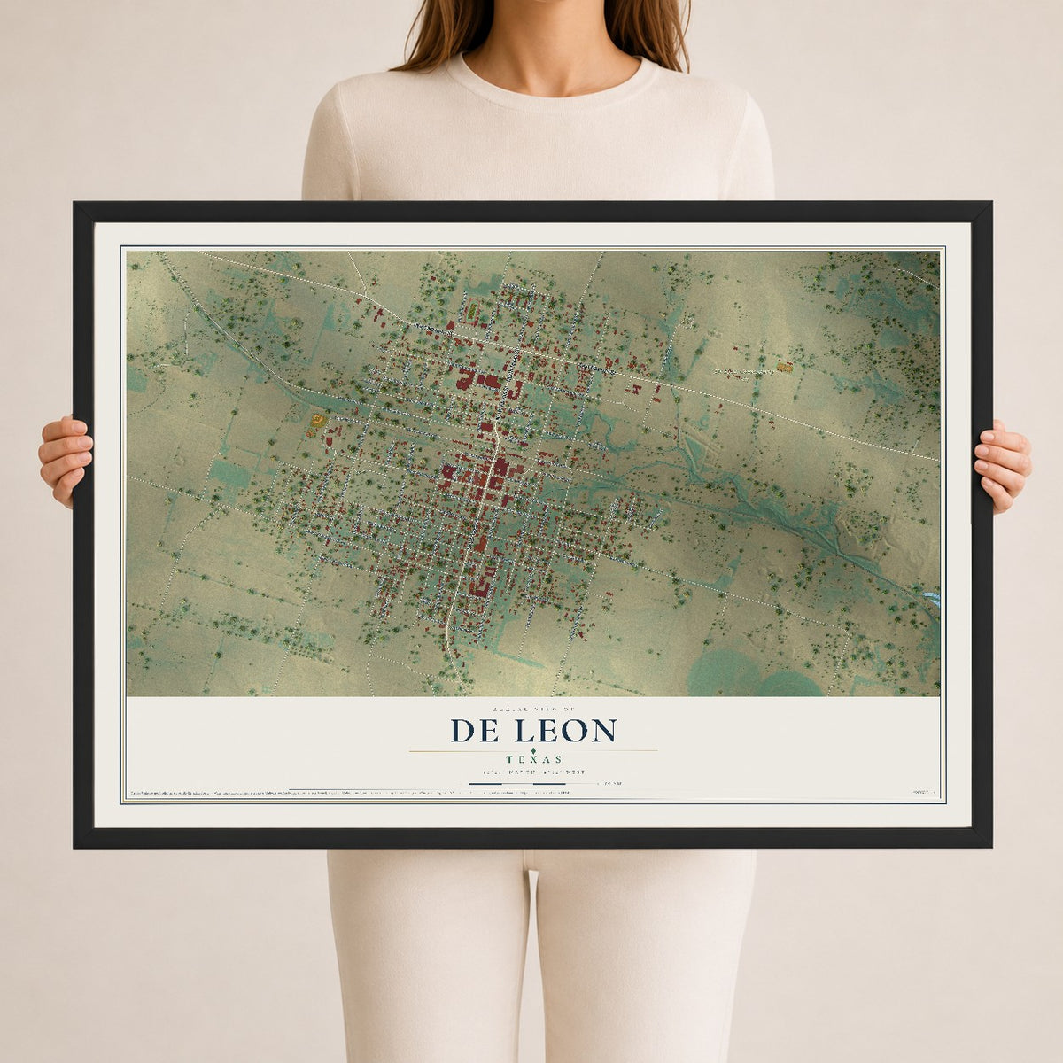 Map of De Leon, Texas, 24 x 36 inch print in a black wood frame