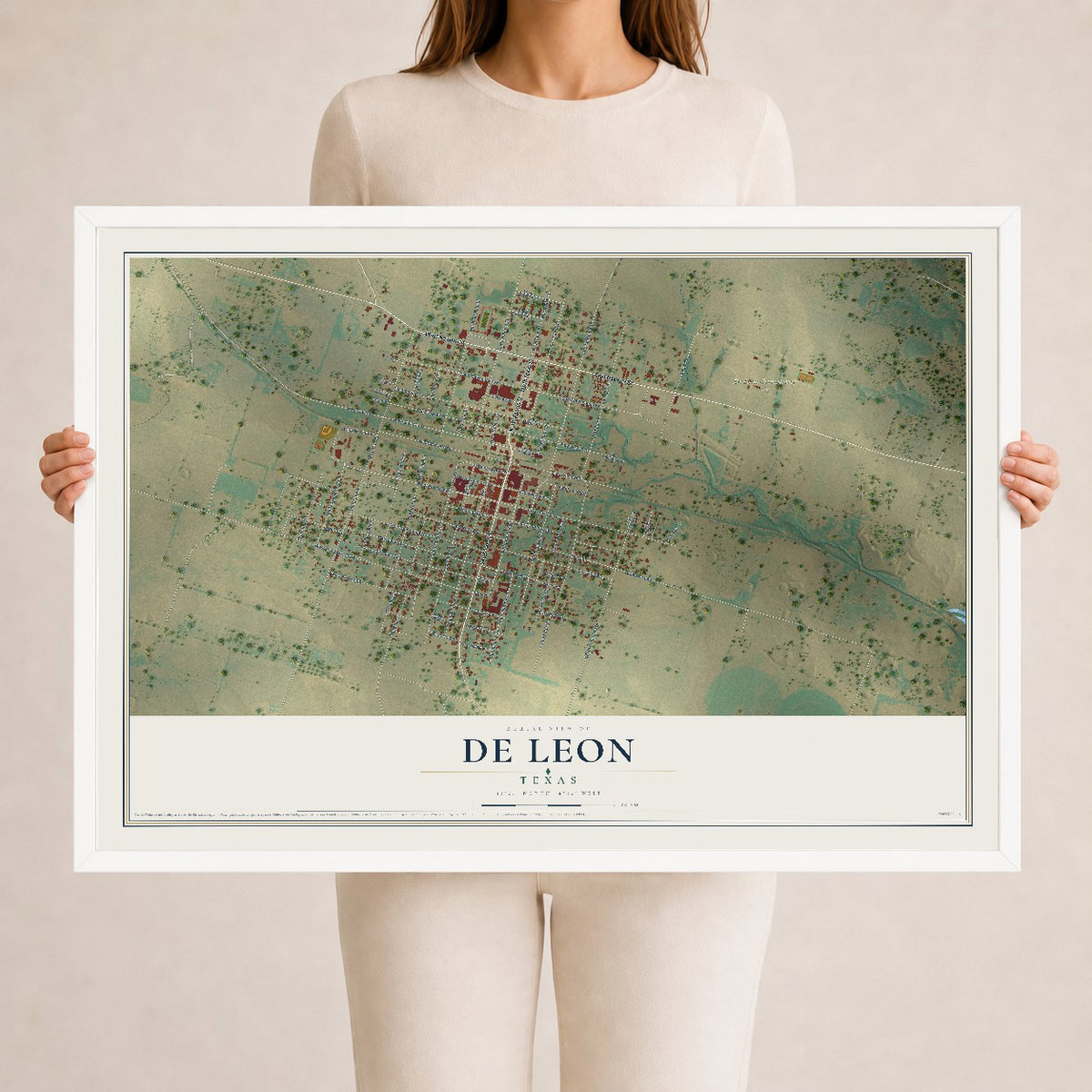 Map of De Leon, Texas, 24 x 36 inch print in a white wood frame