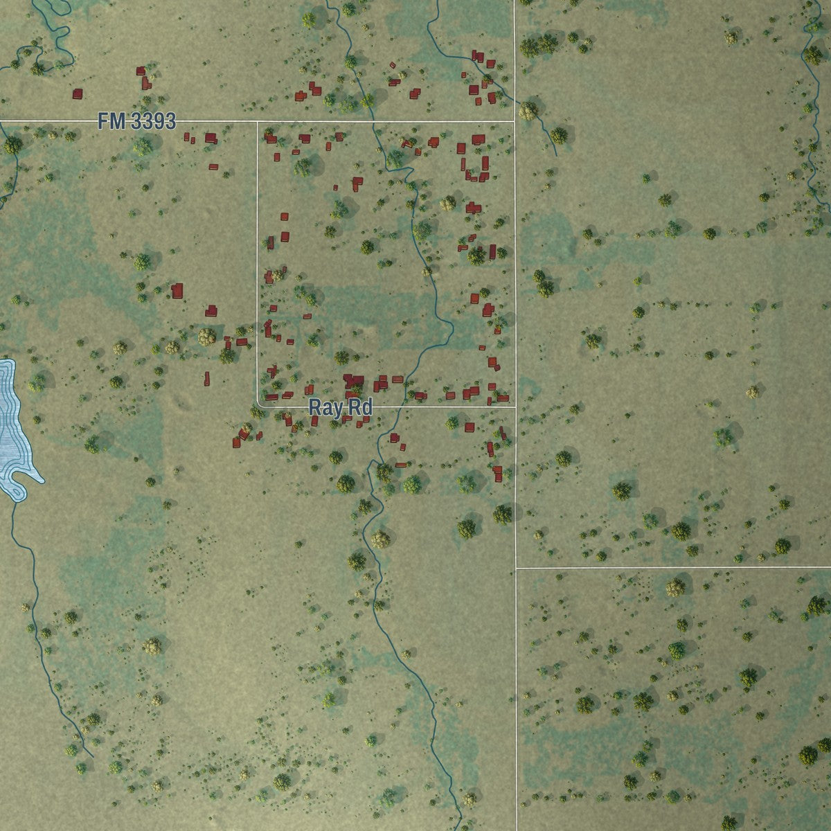 Close-up of the map of Dean, Texas print showing street and building detail